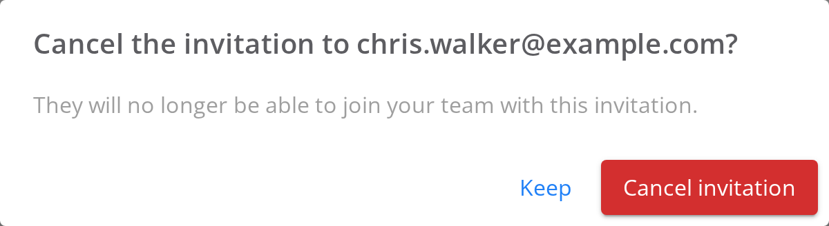 A dialog asks whether to cancel the invitation to the invited address. The body says the person can no longer join your team with this invitation. Keep and Cancel invitation sit below.