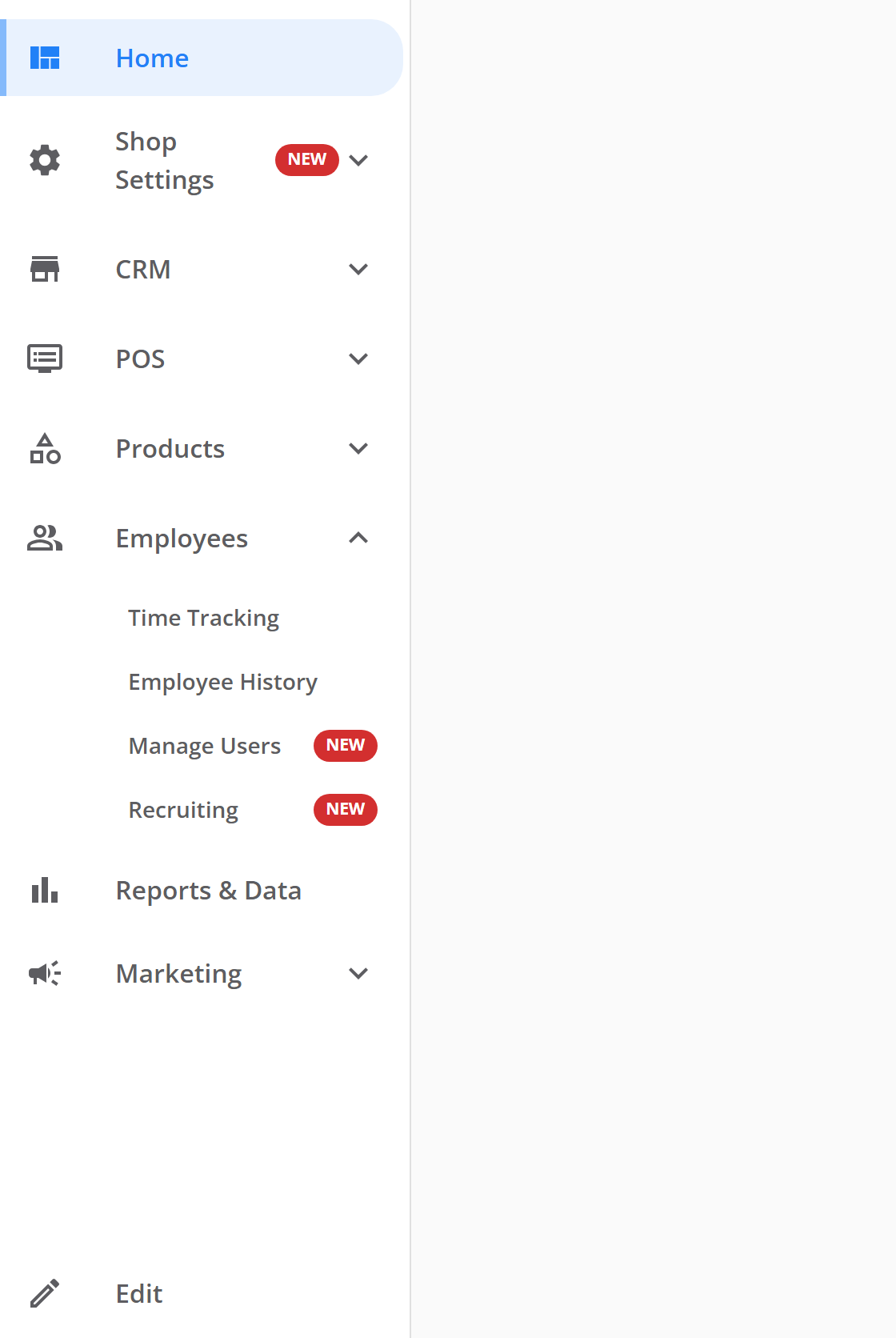 The dashboard side menu with Employees open. Under it are Time Tracking, Employee History, Manage Users and Recruiting. Manage Users has a NEW badge.