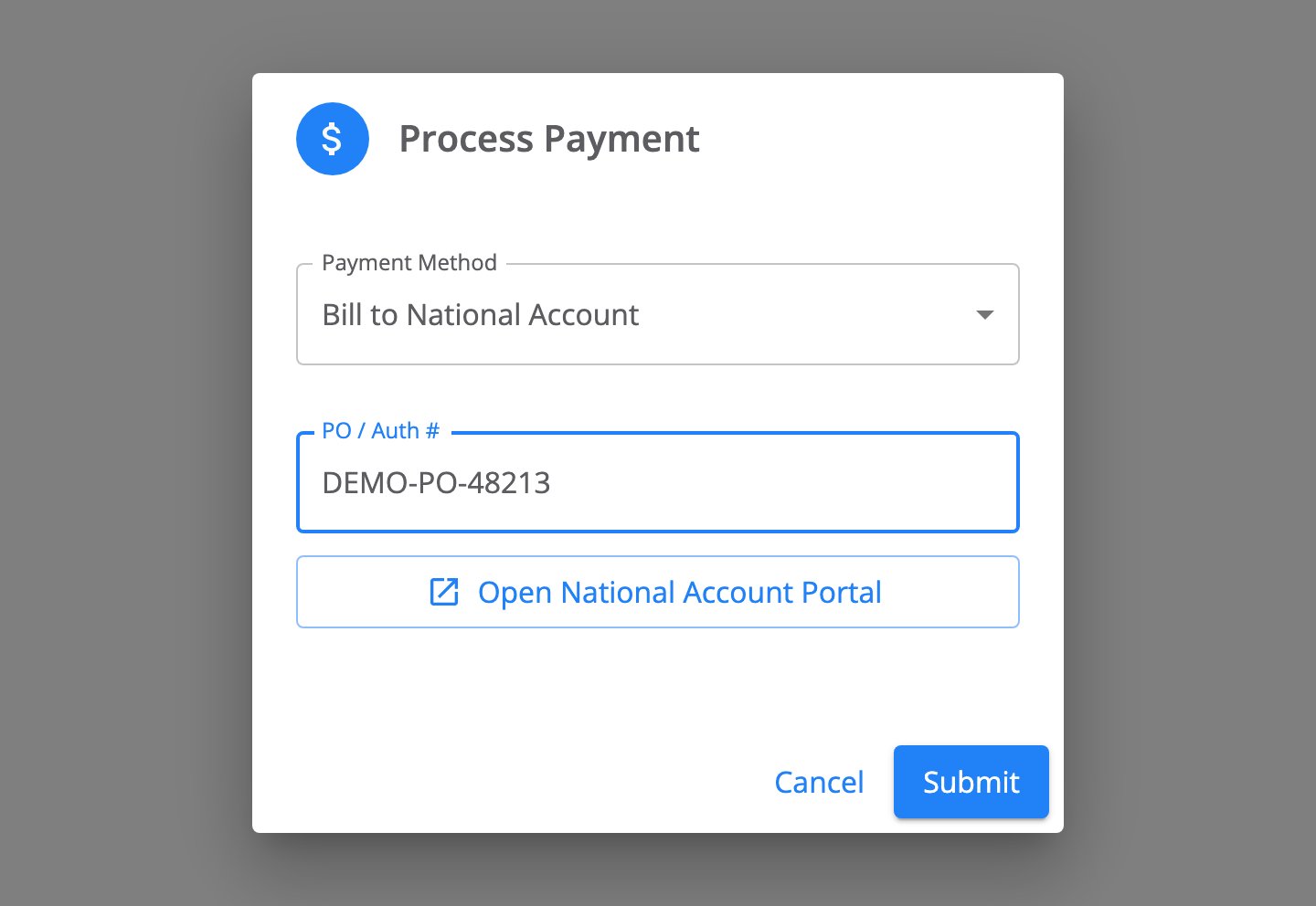 Process Payment dialog with Payment Method set to Bill to National Account, a PO / Auth # field holding DEMO-PO-48213, an Open National Account Portal button, and Cancel and Submit buttons.