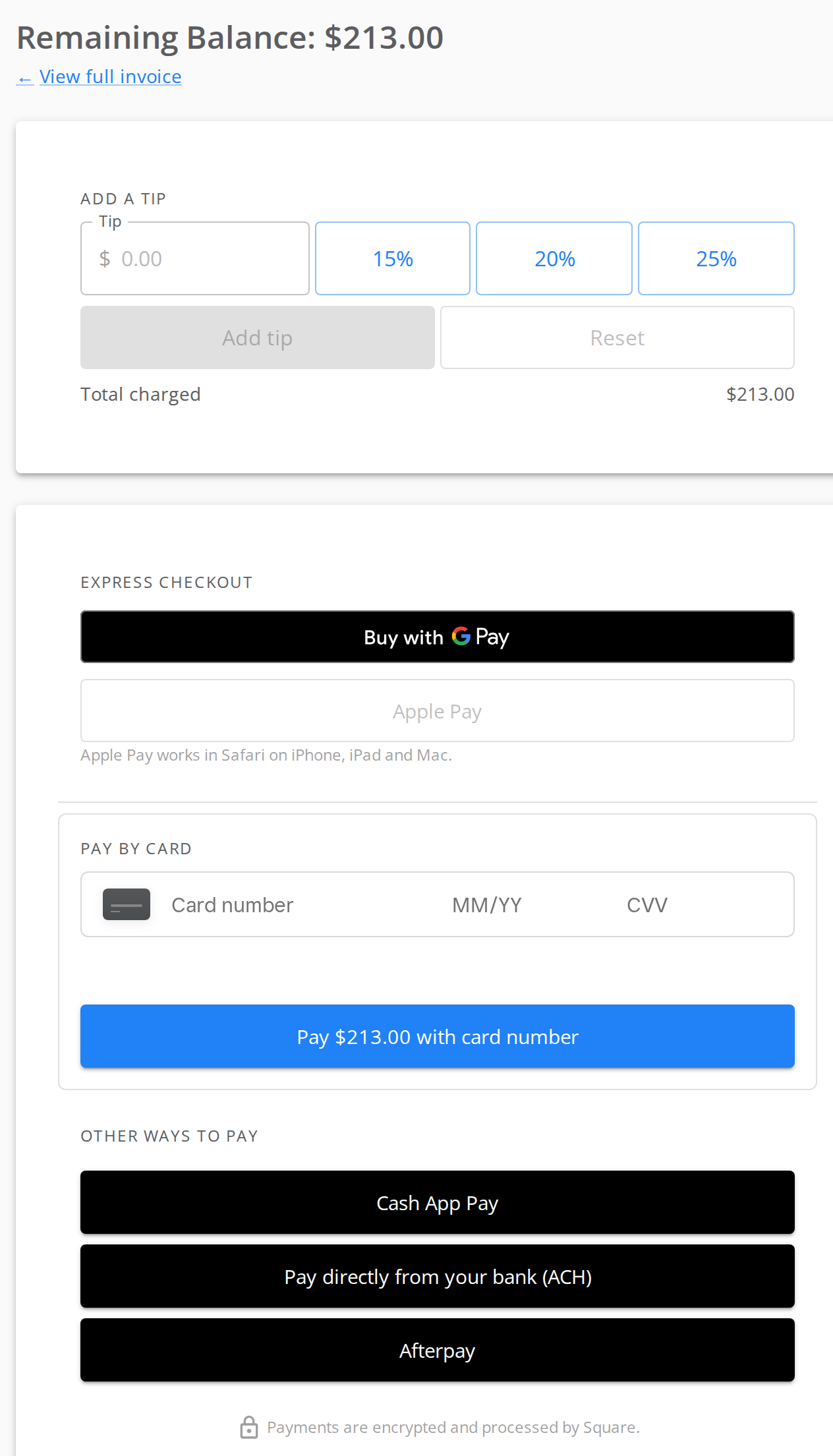 Payment page reading Remaining Balance. Sections for Add a tip with 15, 20 and 25 percent buttons, Express checkout, Pay by card, and Other ways to pay listing Cash App Pay, bank transfer and Afterpay.