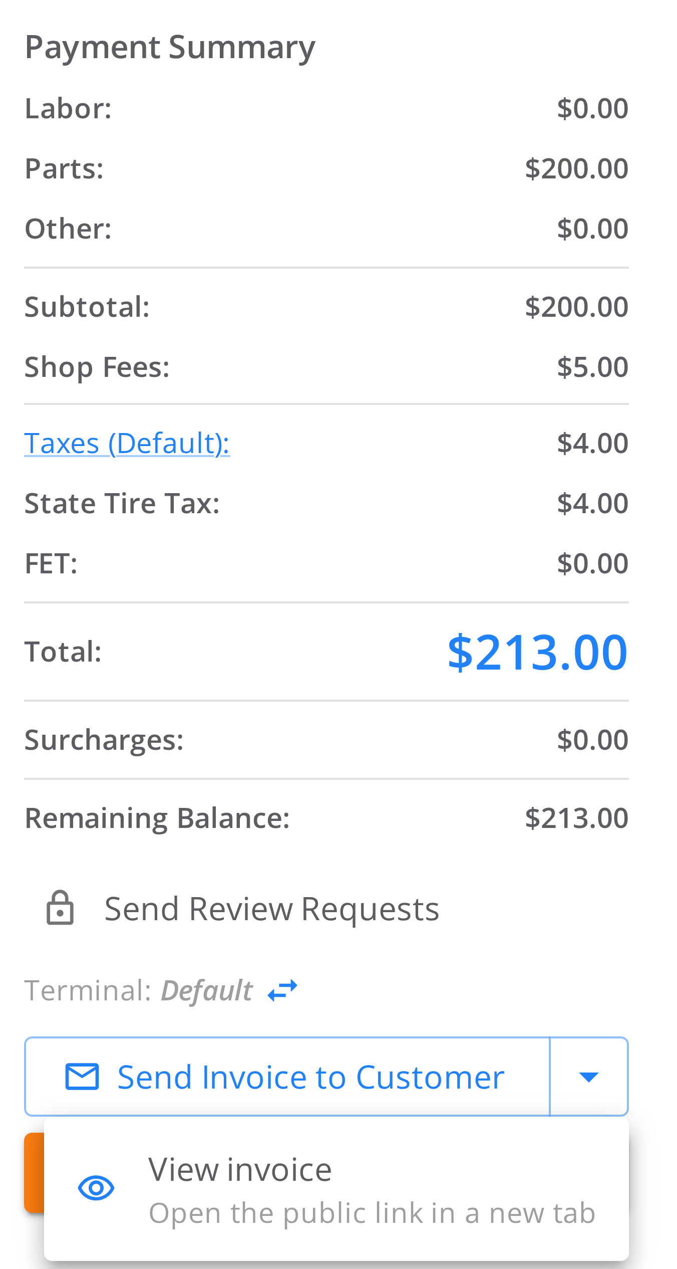 Work order Payment Summary. A menu under Send Invoice to Customer offers View invoice, described as Open the public link in a new tab.