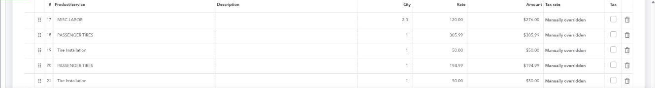 Five lines in the Product/service column of a QuickBooks invoice: MISC LABOR, PASSENGER TIRES, Tire Installation, PASSENGER TIRES, and Tire Installation.