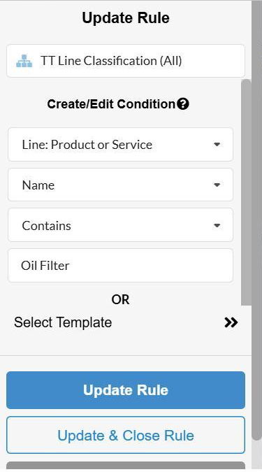 Synder's Create/Edit Condition panel. The drop-down lists read Line: Product or Service, Name, and Contains, and the word Oil Filter is typed below them, with the word OR under it.