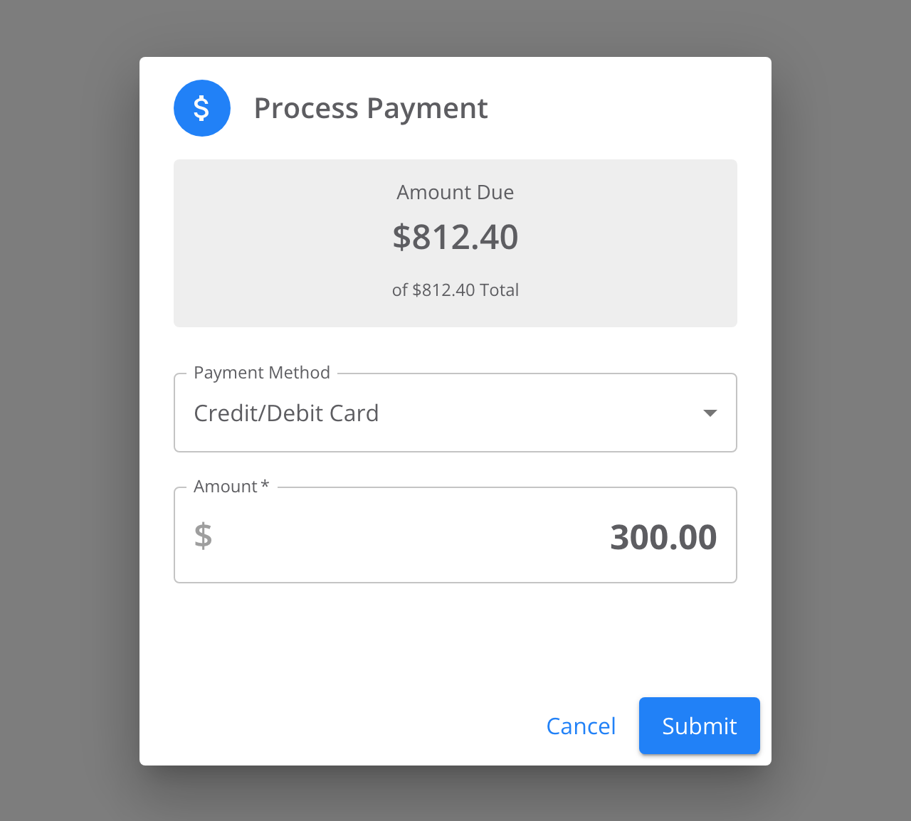 Process Payment dialog. Amount Due reads $812.40; the Amount field reads 300.00.