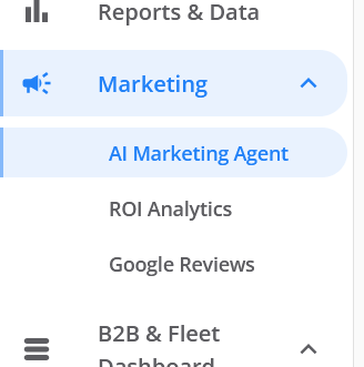 Sidebar with the Marketing group expanded. AI Marketing Agent is highlighted, with ROI Analytics and Google Reviews below it.