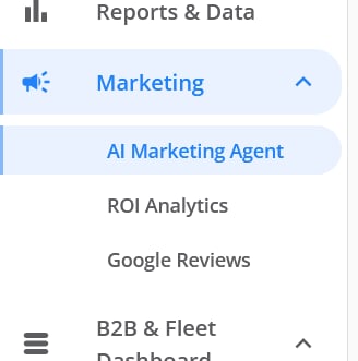 Sidebar with the Marketing group expanded. AI Marketing Agent is highlighted, with ROI Analytics and Google Reviews below it.