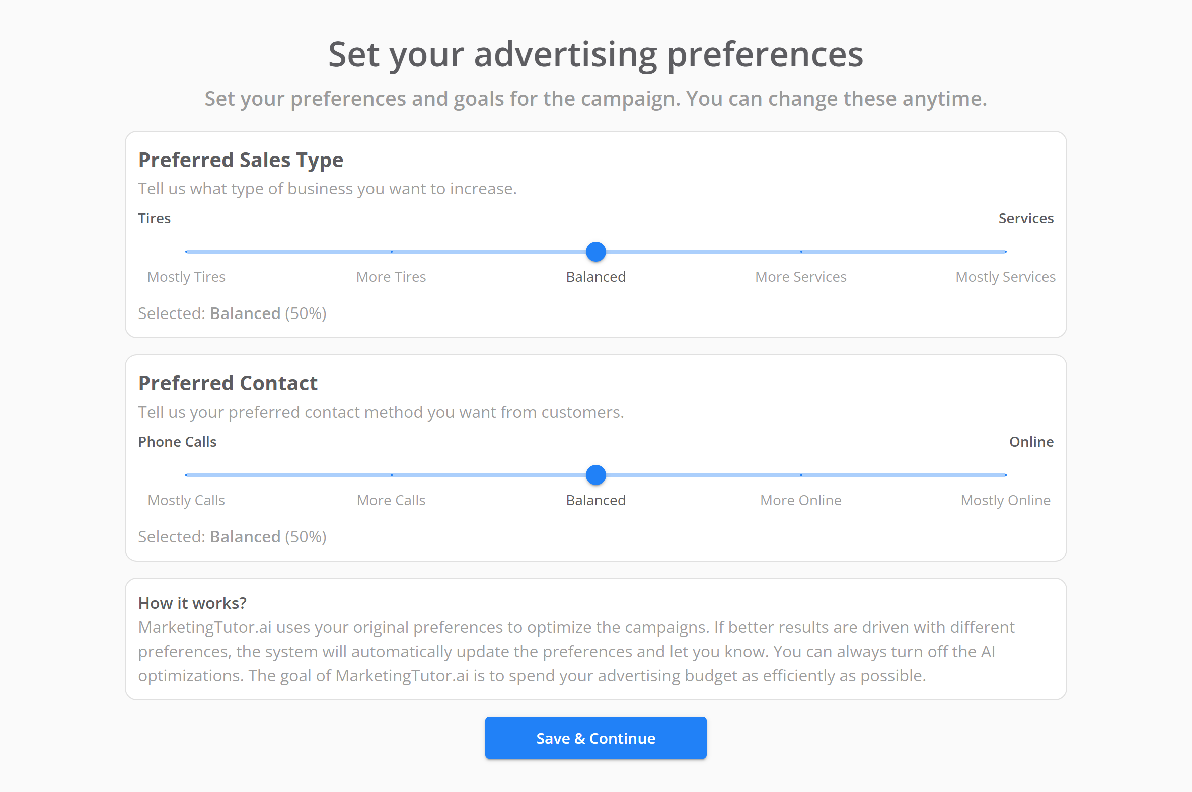 Set your advertising preferences screen. Preferred Sales Type and Preferred Contact both sit in the middle and read Selected: Balanced (50%).