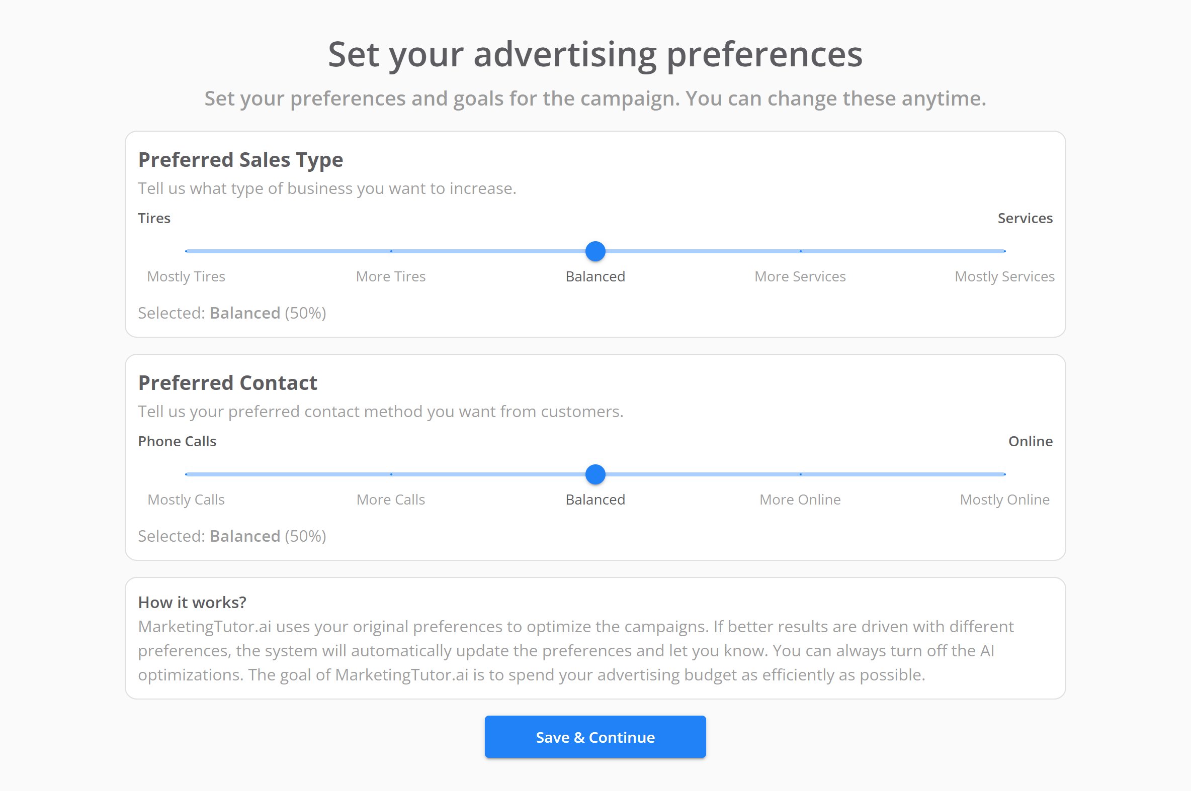 Set your advertising preferences screen. Preferred Sales Type and Preferred Contact both sit in the middle and read Selected: Balanced (50%).