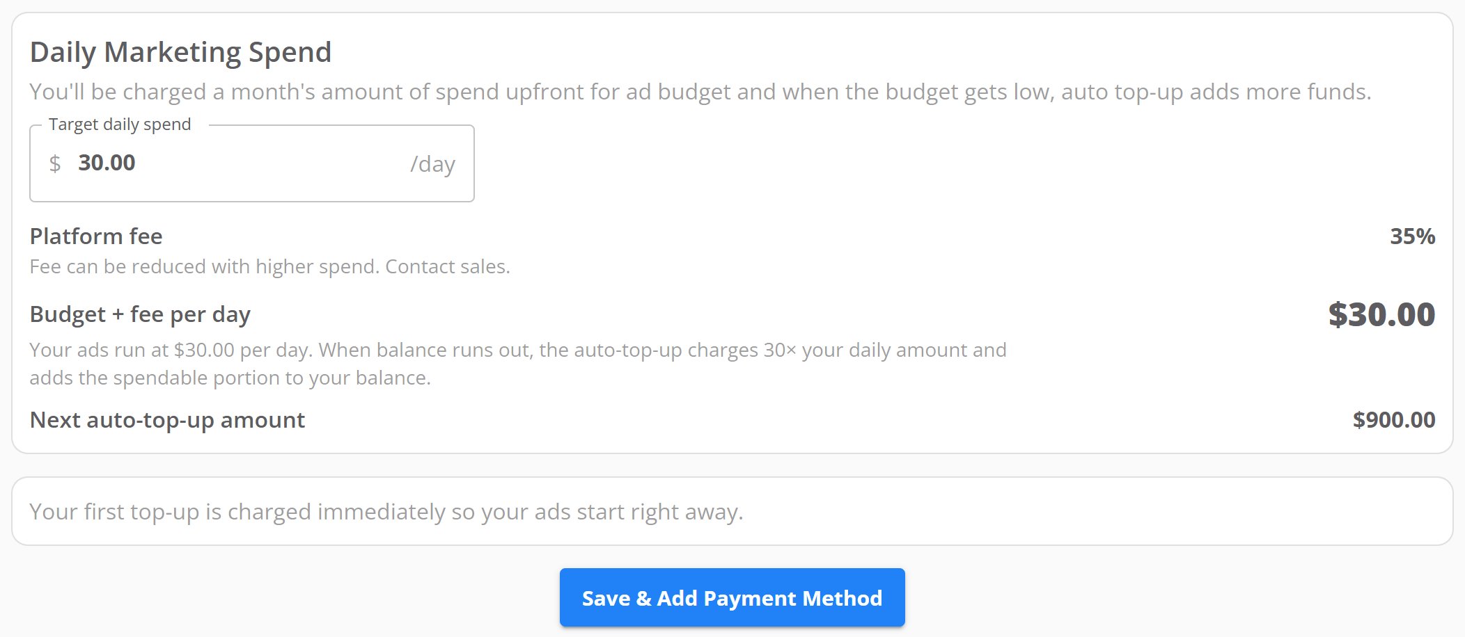 Daily Marketing Spend card. Target daily spend reads $30.00. The summary shows a 35% platform fee, $30.00 budget plus fee per day, and a $900.00 next top-up. A note below says the first top-up is charged immediately.