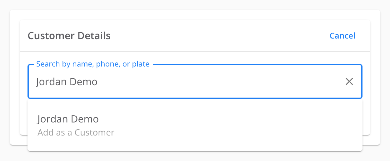 The Customer Details card. The search box reads Jordan Demo. The one entry below it reads Jordan Demo, Add as a Customer.