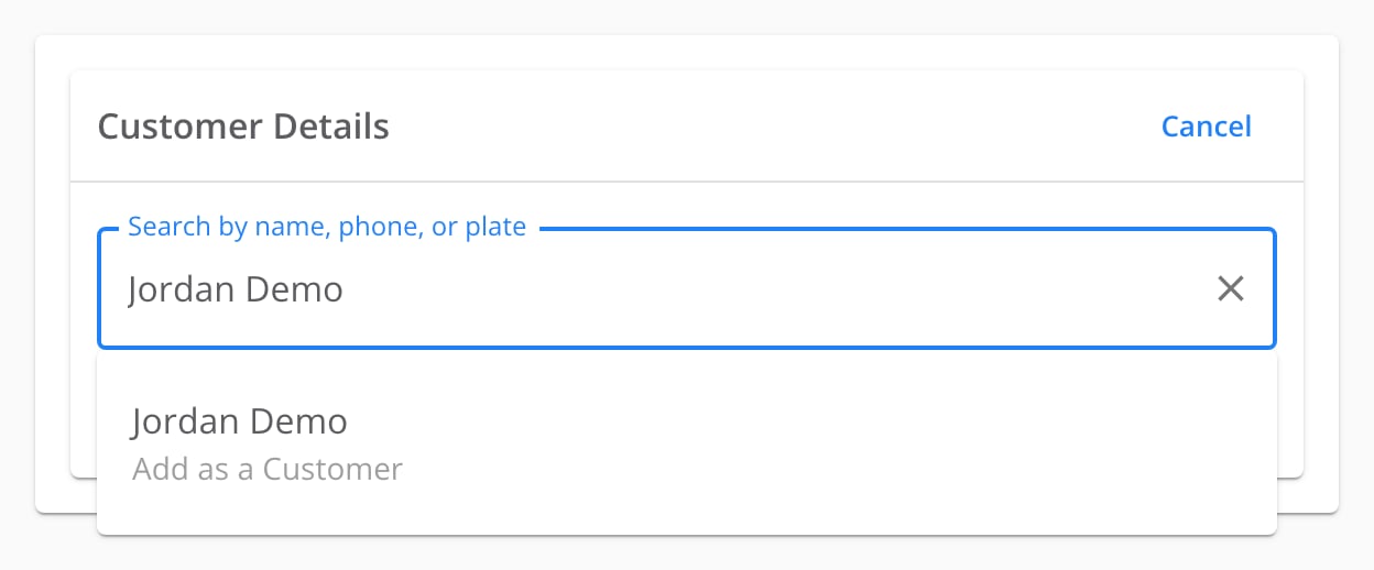 The Customer Details card. The search box reads Jordan Demo. The one entry below it reads Jordan Demo, Add as a Customer.