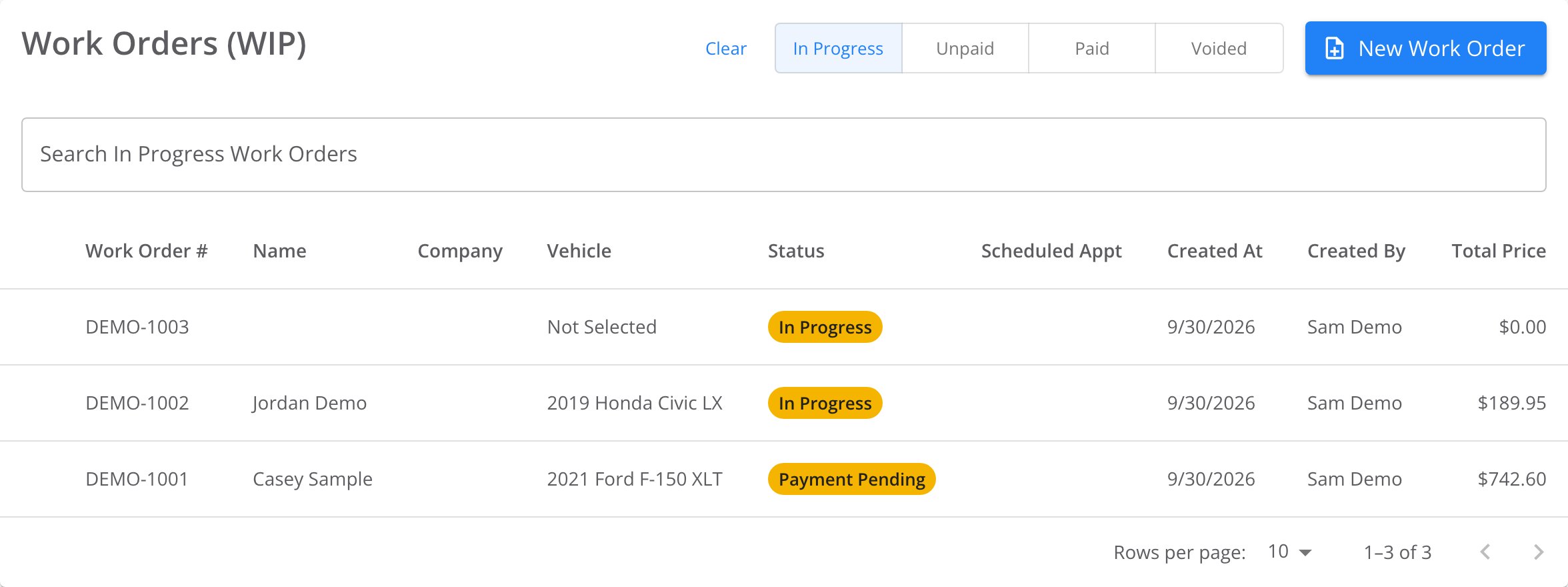 The Work Orders (WIP) list, with the filters and a blue New Work Order button at the top right. Below are a search box and three demo work orders. The newest has no customer, reads Not Selected for the vehicle, and totals $0.00.