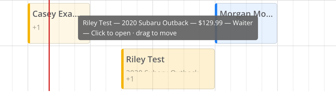 A work order card on the board with its details showing, ending in Click to open and drag to move.
