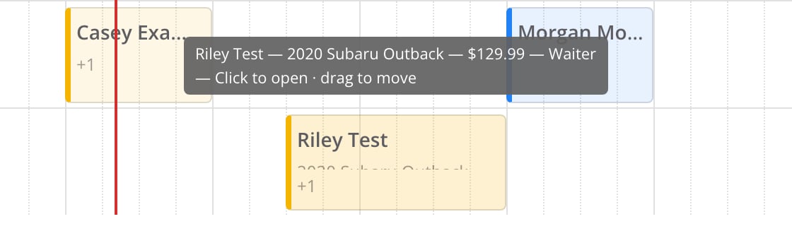 A work order card on the board with its details showing, ending in Click to open and drag to move.
