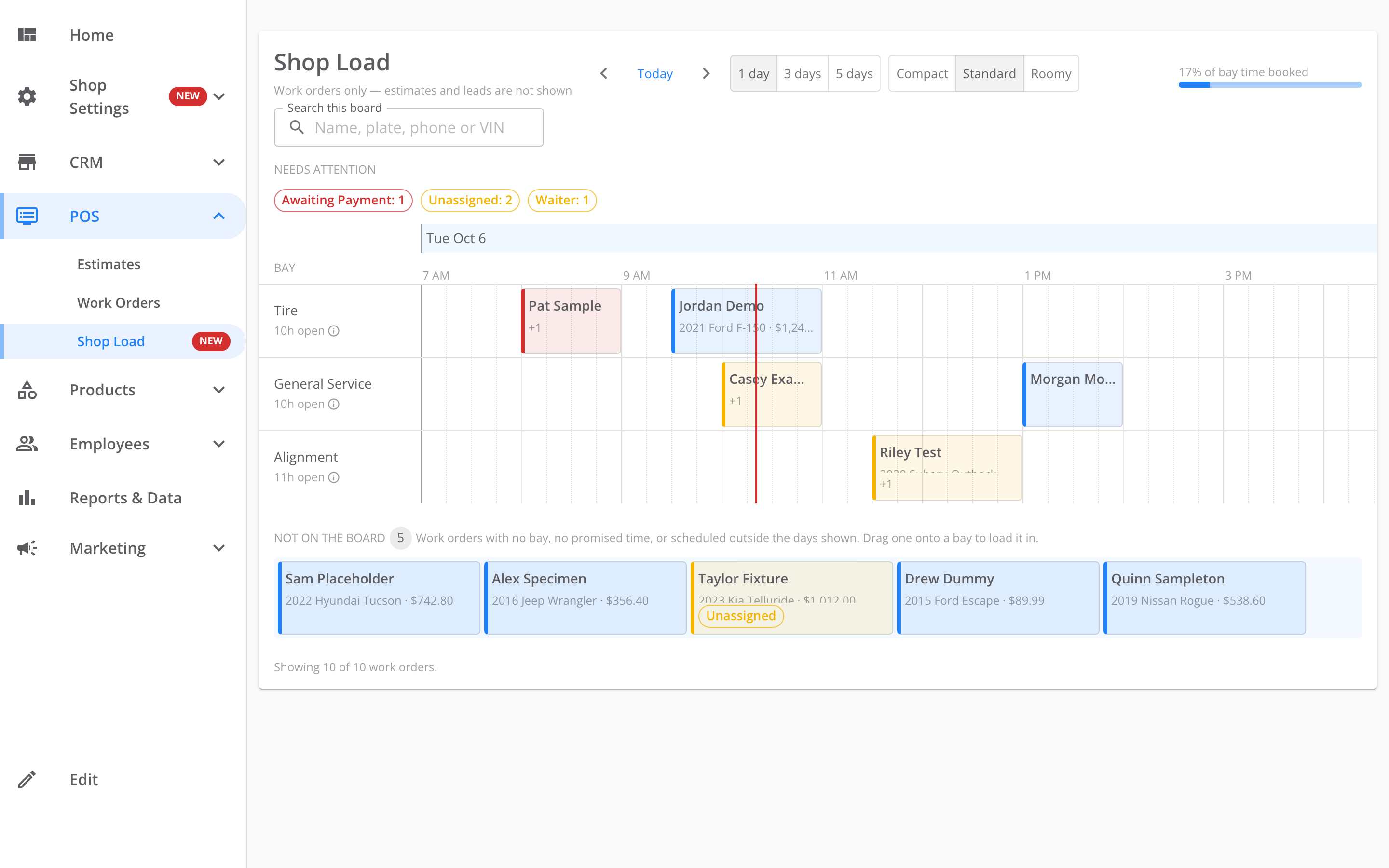The side menu with the POS group open, showing Estimates, Work Orders and a highlighted Shop Load. The Shop Load page heading shows beside the menu.