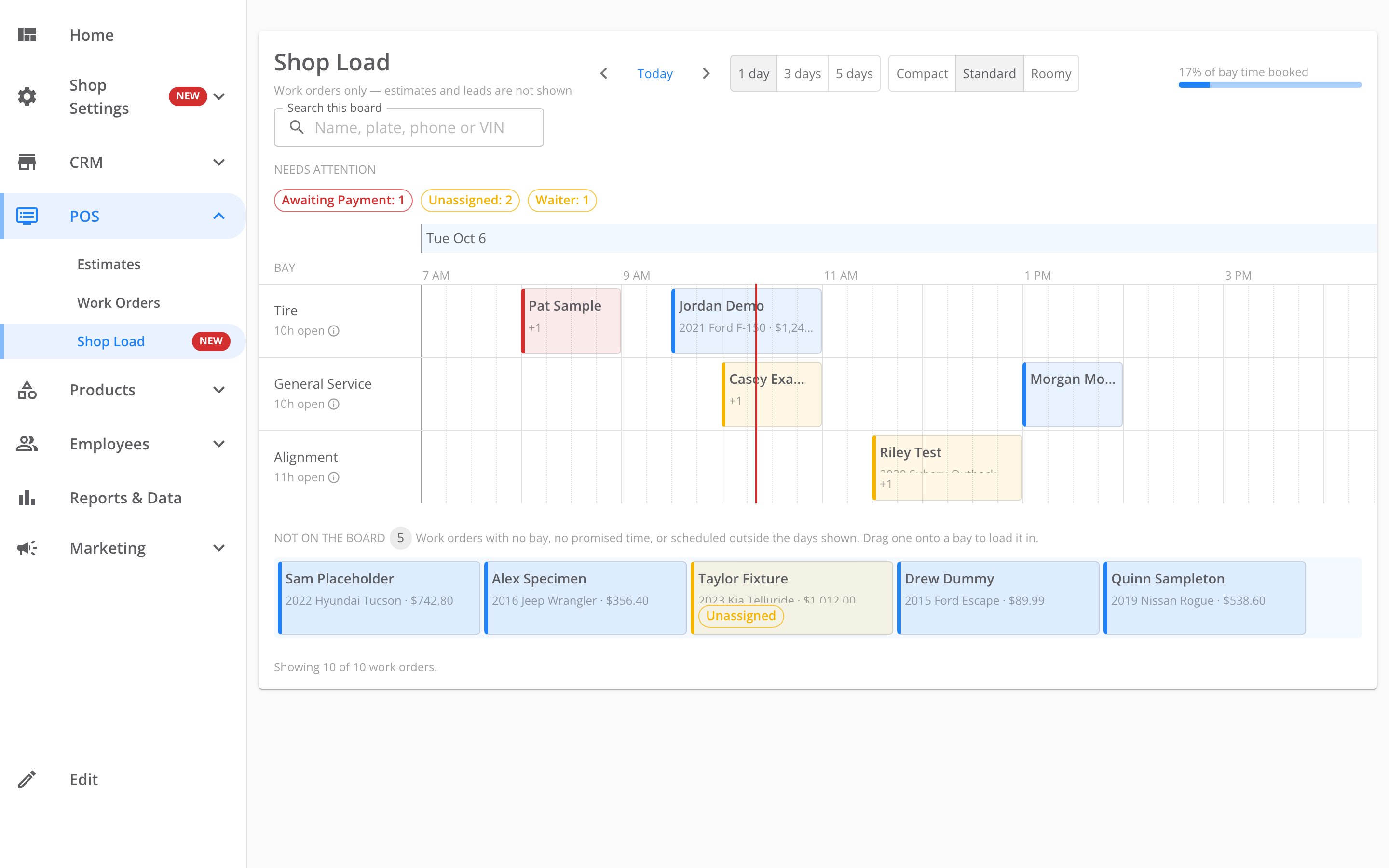 The side menu with the POS group open, showing Estimates, Work Orders and a highlighted Shop Load. The Shop Load page heading shows beside the menu.