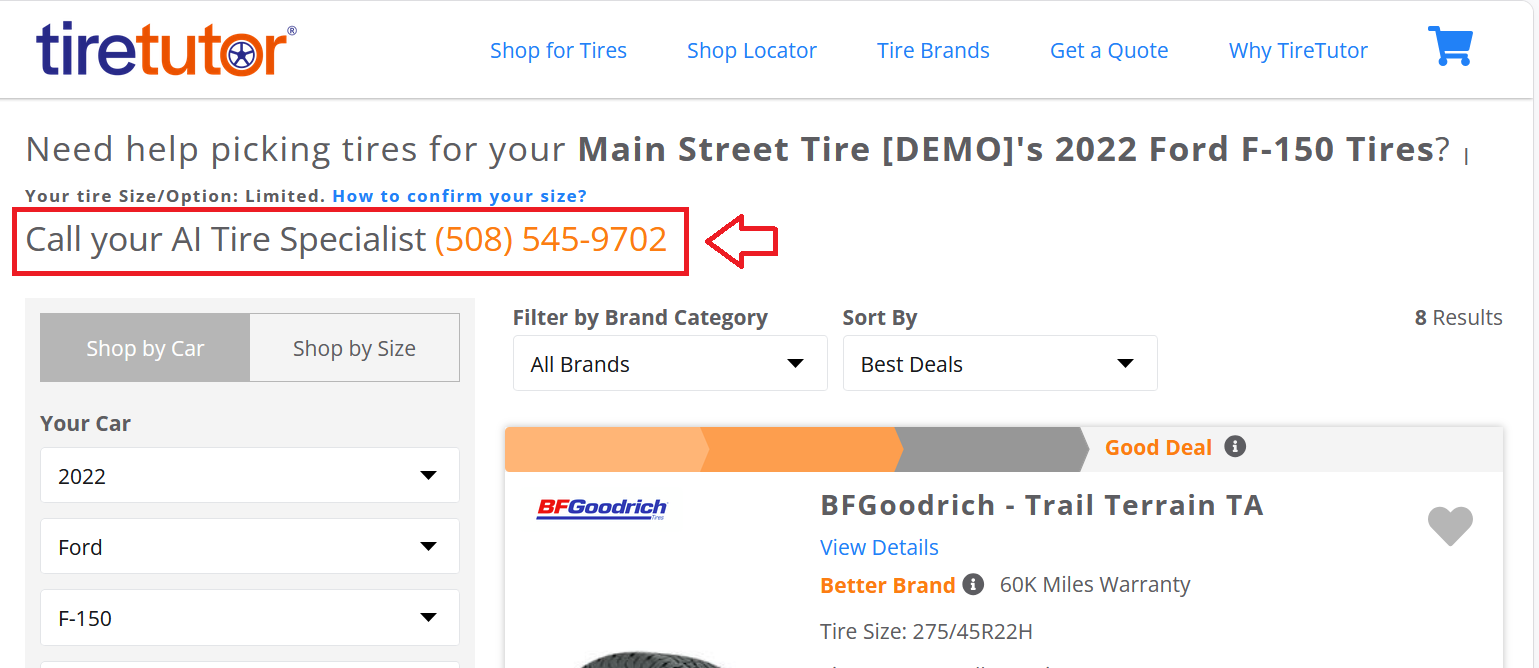 Marketplace search results for a 2022 Ford F-150, with the line Call your AI Tire Specialist and a phone number above the tire list