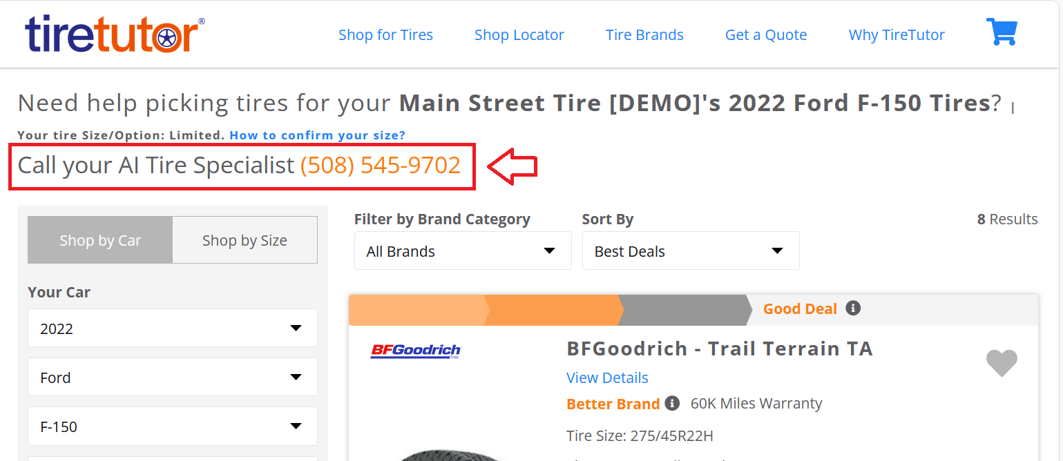 Marketplace search results for a 2022 Ford F-150, with the line Call your AI Tire Specialist and a phone number above the tire list