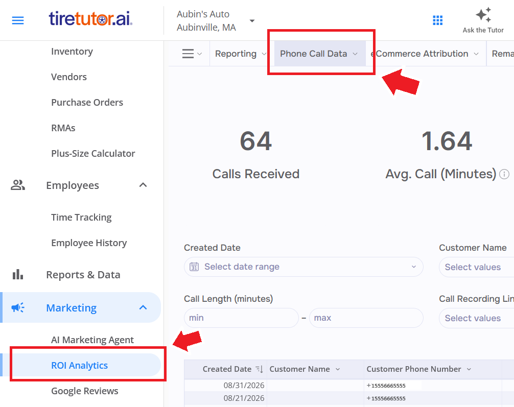 ROI Analytics under Marketing in the left side nav, with the Phone Call Data tab selected and a table of calls below it