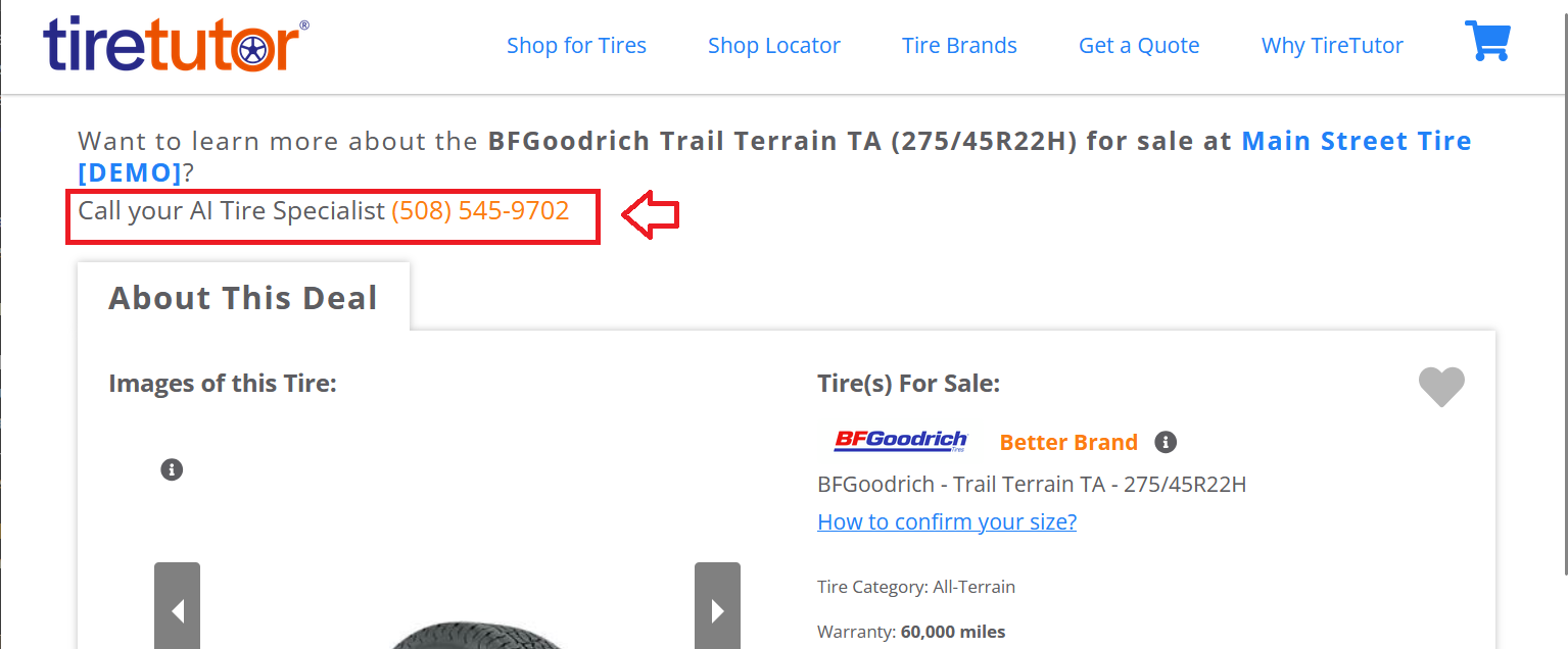 Tire detail page for a BFGoodrich Trail Terrain TA, with the line Call your AI Tire Specialist and a phone number under the tire name