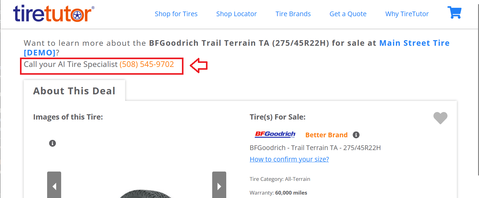 Tire detail page for a BFGoodrich Trail Terrain TA, with the line Call your AI Tire Specialist and a phone number under the tire name
