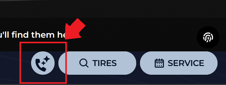 Website widget bar showing a round phone-with-sparkles call button next to the Tires and Service buttons
