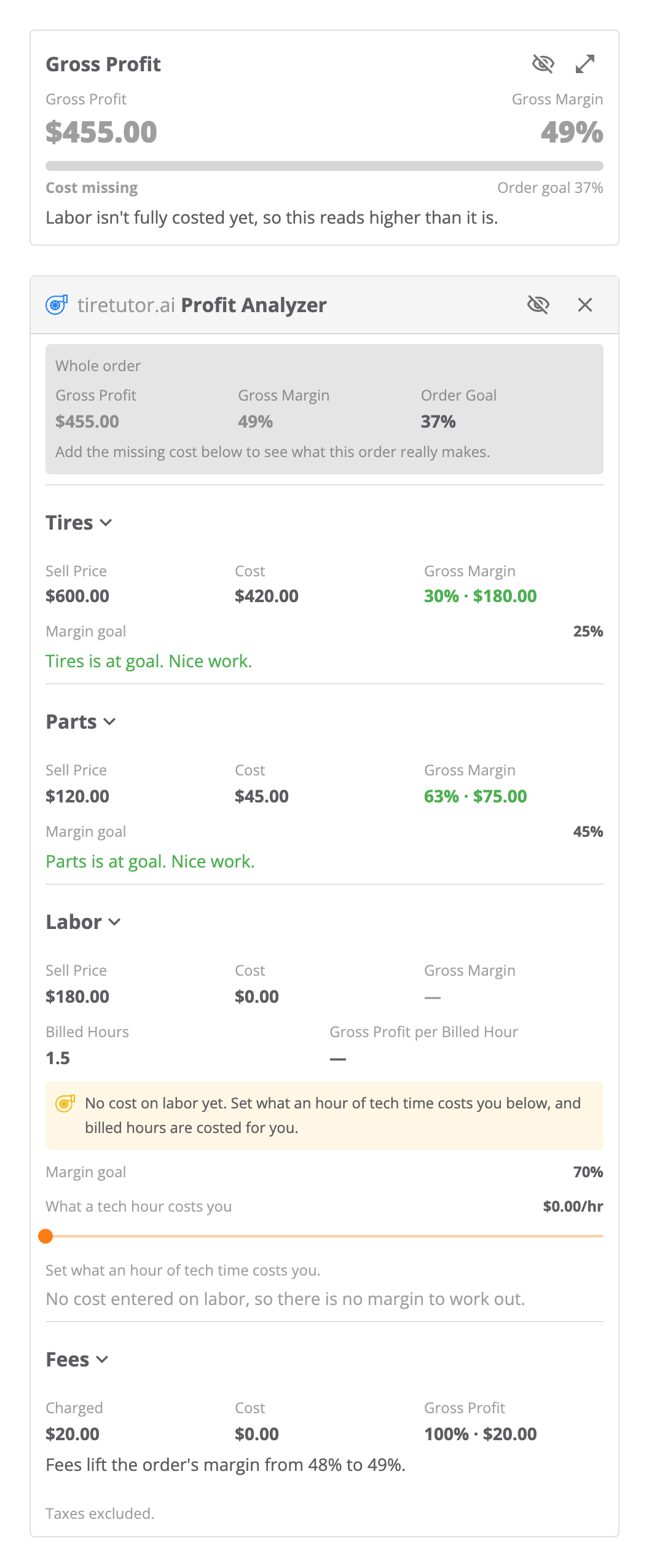 The Gross Profit card in gray, labeled Cost missing, above the Profit Analyzer. The Whole order box is gray and reads Add the missing cost below to see what this order really makes. Tires and Parts each read in green that the group is at goal. The Labor group shows Cost $0.00 and a dash for Gross Margin. A note reads No cost on labor yet. The slider sits at $0.00/hr, and the caption under it reads Set what an hour of tech time costs you.
