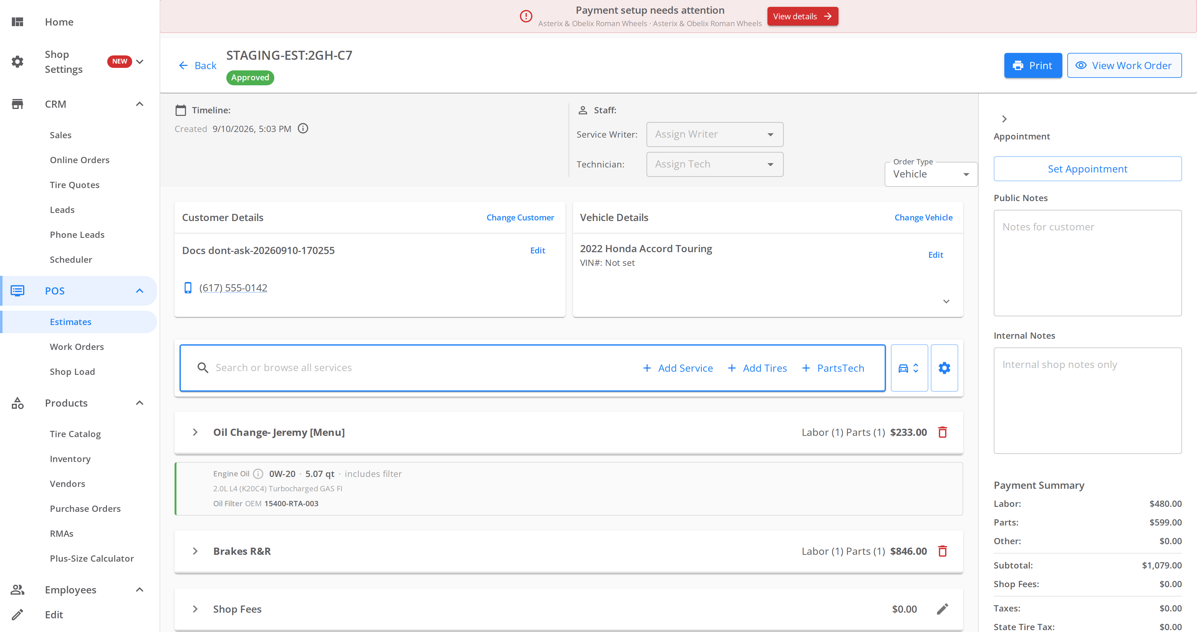 An approved estimate at a Don't ask shop. The header shows an Approved chip, and where Approve stood there is now a View Work Order button beside Print. No authorization dialog is open.