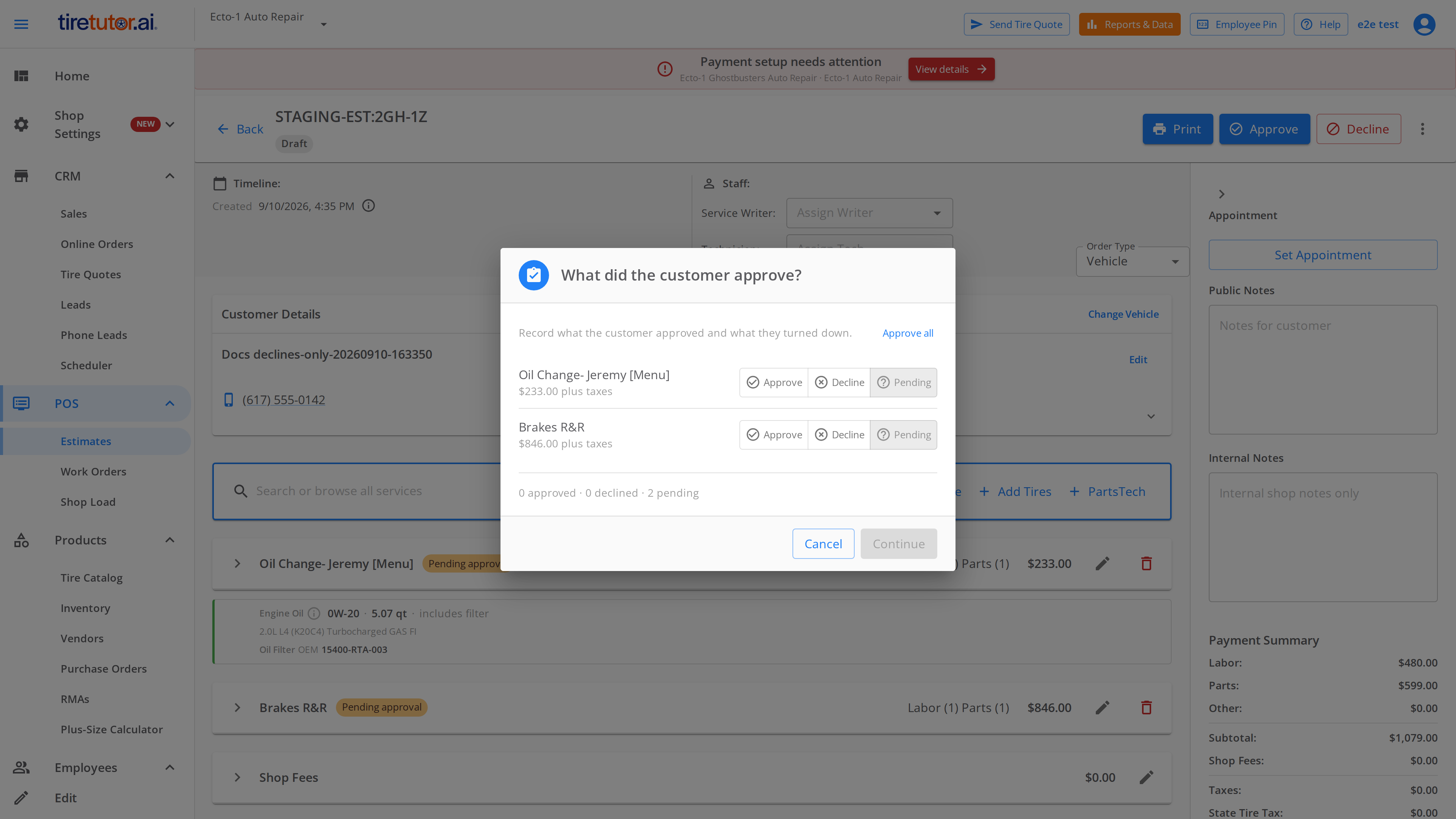 The What did the customer approve dialog. Two services are listed, Oil Change and Brakes R and R, each with Approve, Decline and Pending buttons. An Approve all button sits in the header, and Cancel and Continue at the foot.