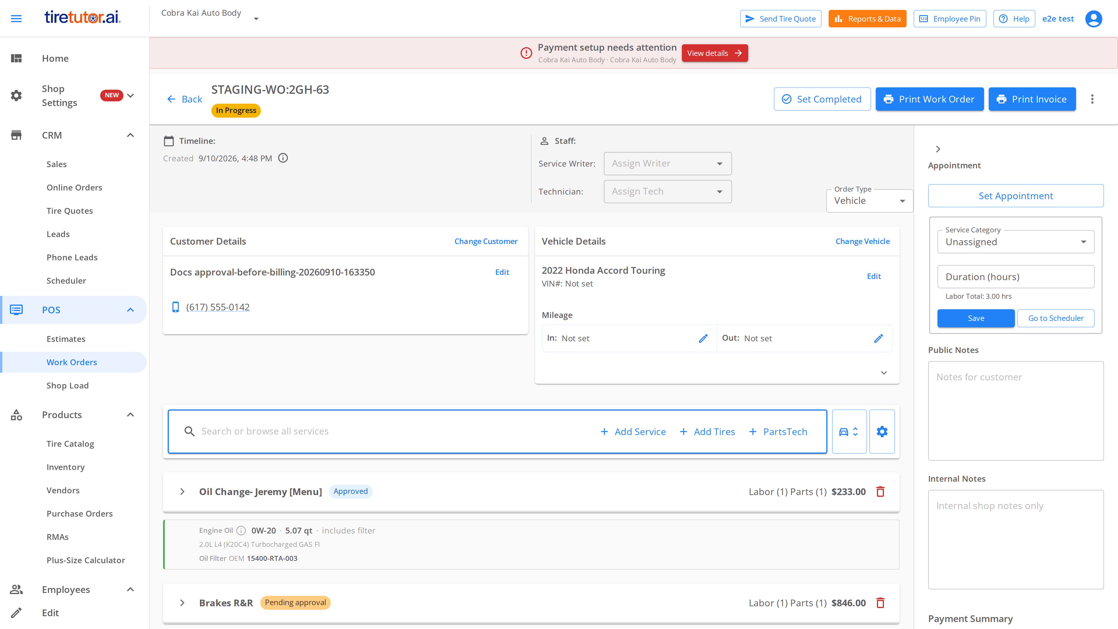A work order at an Approval before billing shop. One service carries an Approved chip, and the other a Pending approval chip.