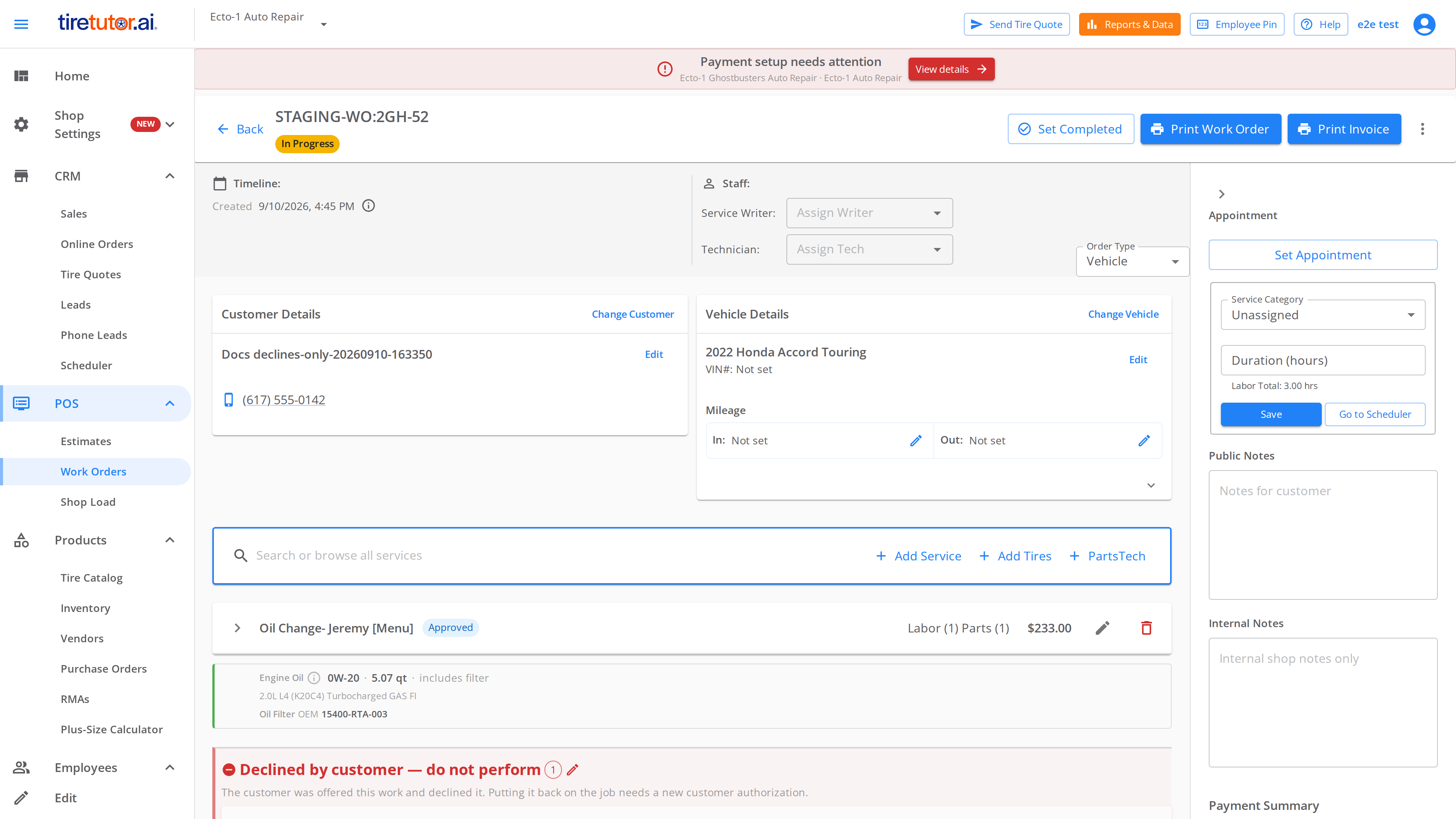 A work order showing the approved service in the job, and the declined service in its own section marked as declined by the customer.