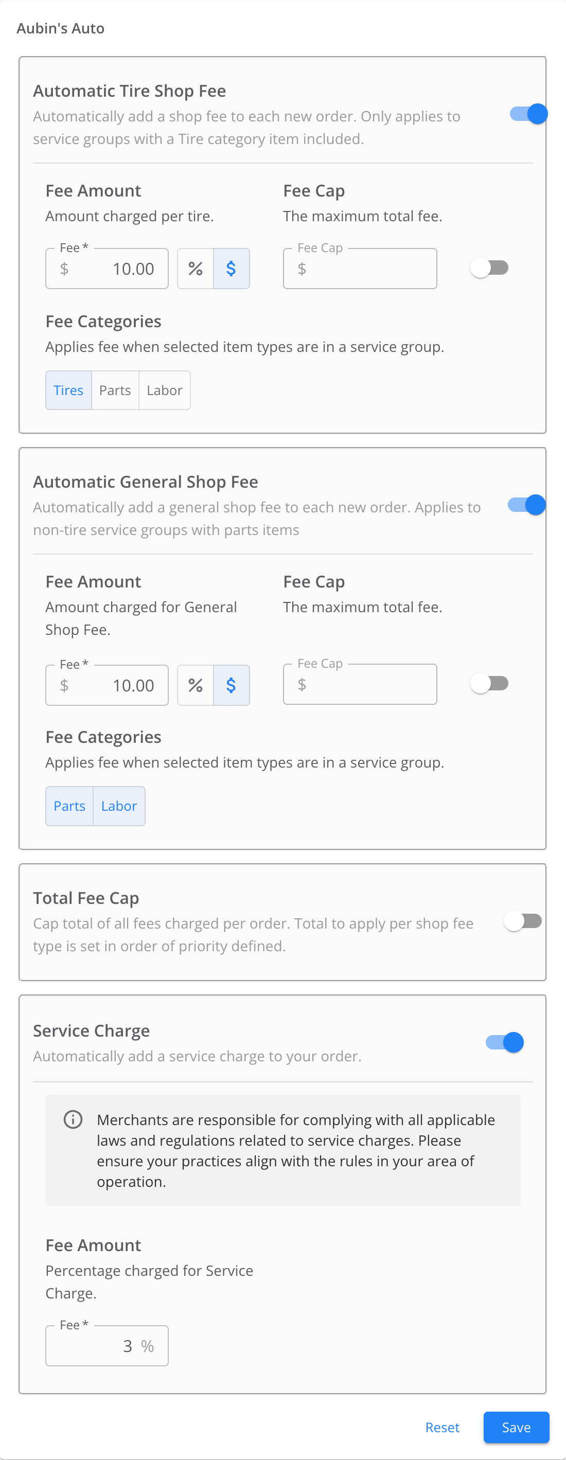 Shop Fees form for Aubin's Auto with four sections: Automatic Tire Shop Fee and Automatic General Shop Fee turned on with a $10.00 fee each, Total Fee Cap turned off, and Service Charge turned on at 3%, with Reset and Save buttons.