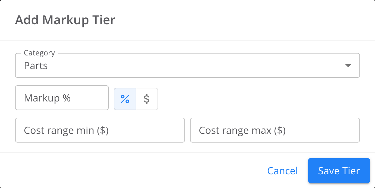 Add Markup Tier dialog with Category set to Parts, a Markup field with a % and $ toggle, Cost range min and Cost range max fields, and Cancel and Save Tier buttons.