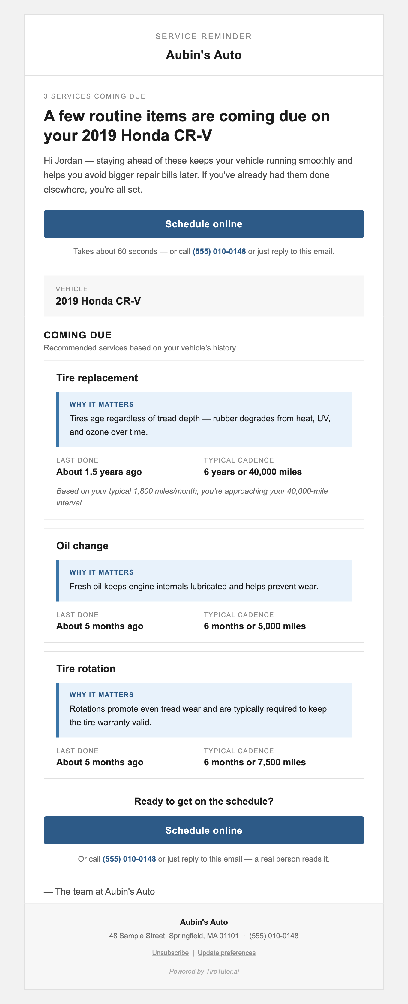 Aubin's Auto reminder to Jordan for a 2019 Honda CR-V. Three cards show tire replacement, oil change, and tire rotation. Schedule online buttons and (555) 010-0148 offer contact options. The footer has Unsubscribe and Update preferences links.