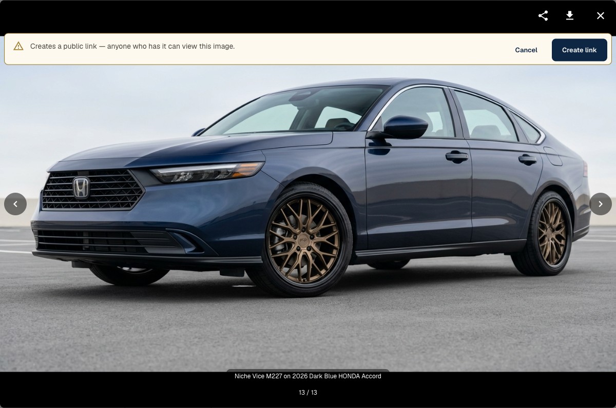 Custom Car Agent preview showing a confirmation bar that reads Creates a public link, anyone who has it can view this image, with Cancel and Create link buttons
