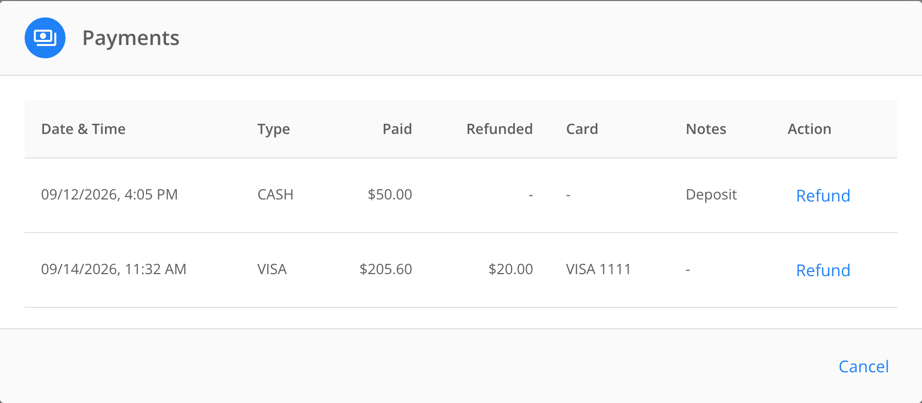 Payments dialog with a cash deposit and a card payment. The Card column reads VISA 1111, and the Refunded column shows $20.00 against that card payment.