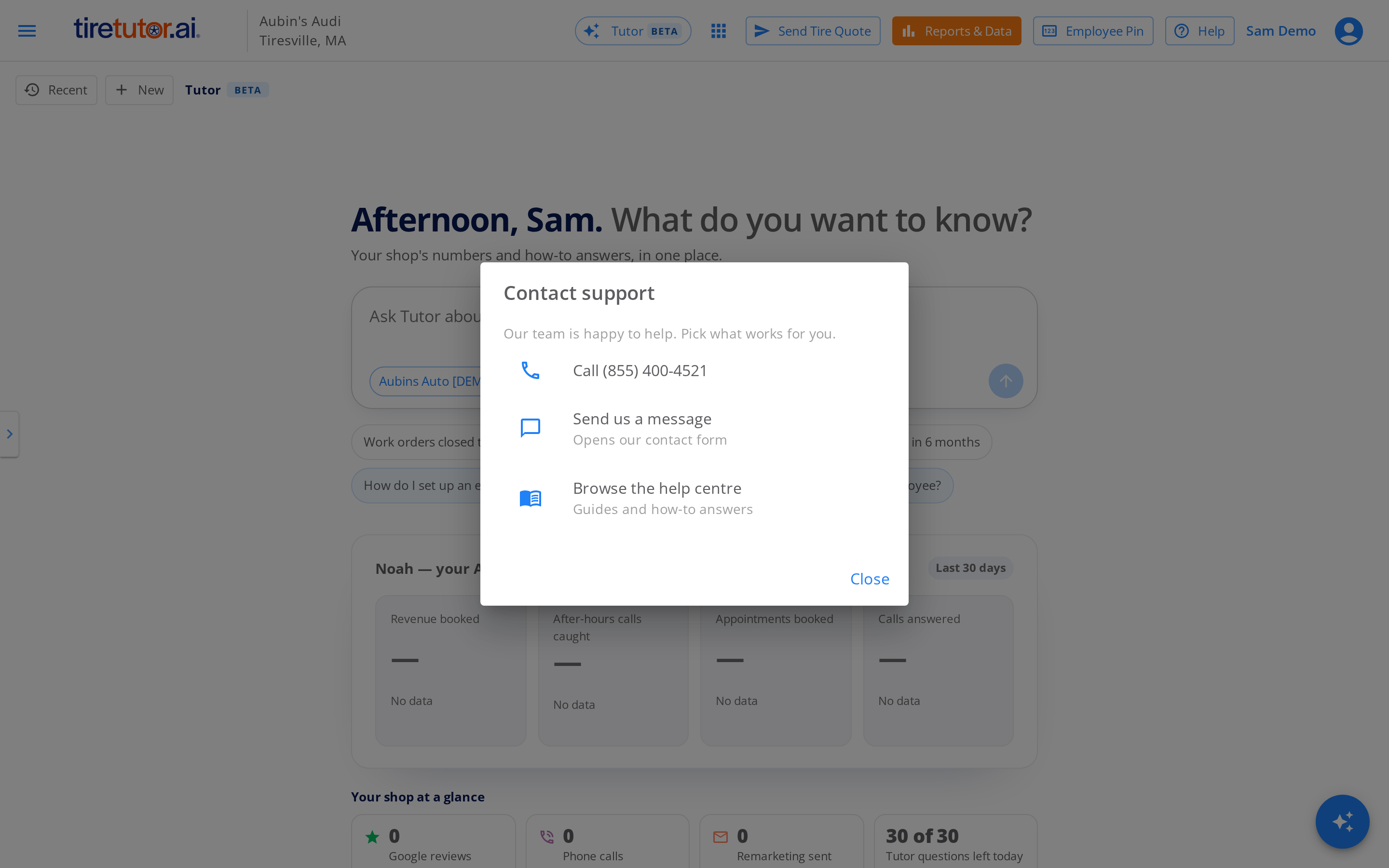 The Contact support dialog over the home page, with Call, Send us a message, Browse the help centre, and Close.