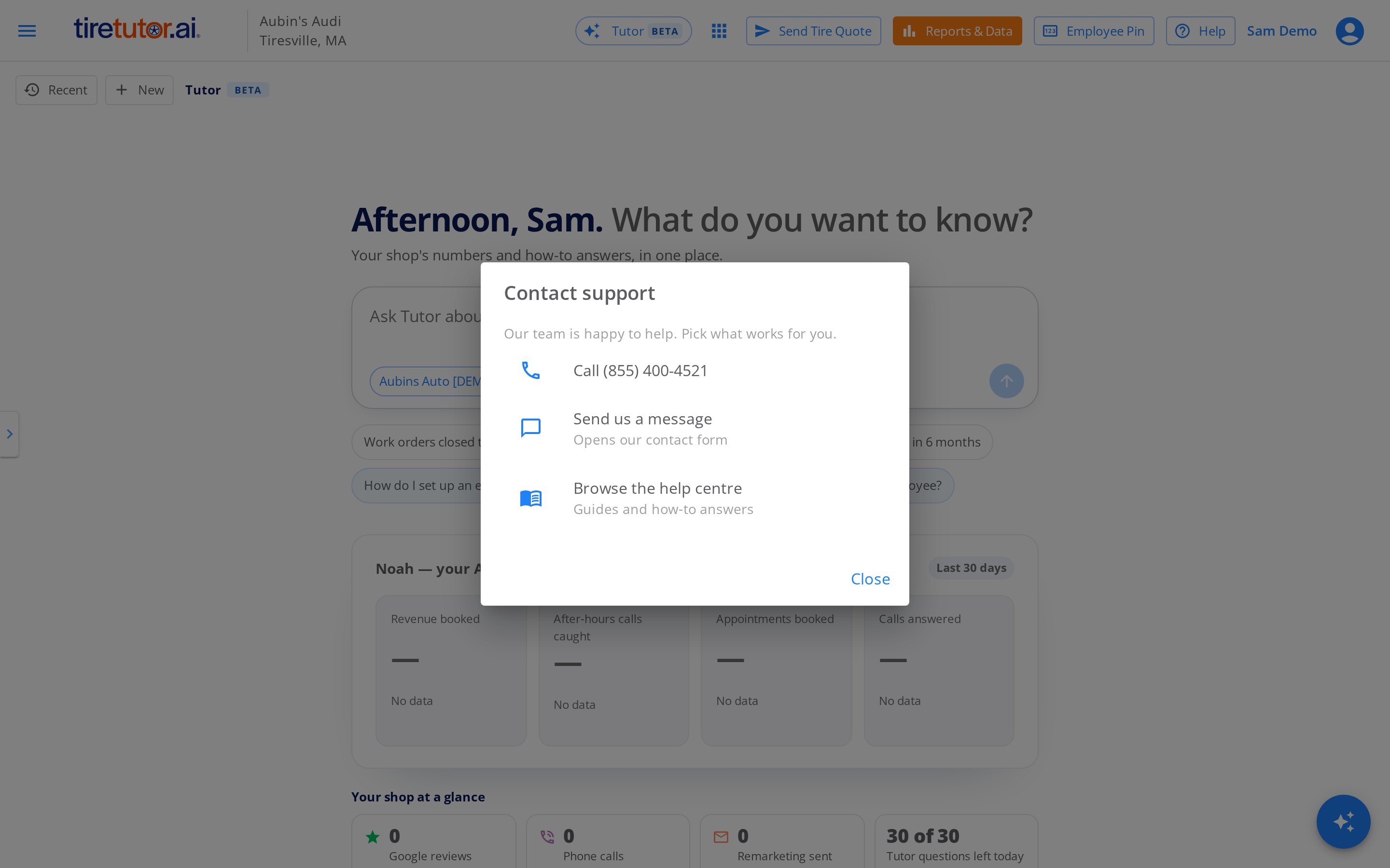 The Contact support dialog over the home page, with Call, Send us a message, Browse the help centre, and Close.