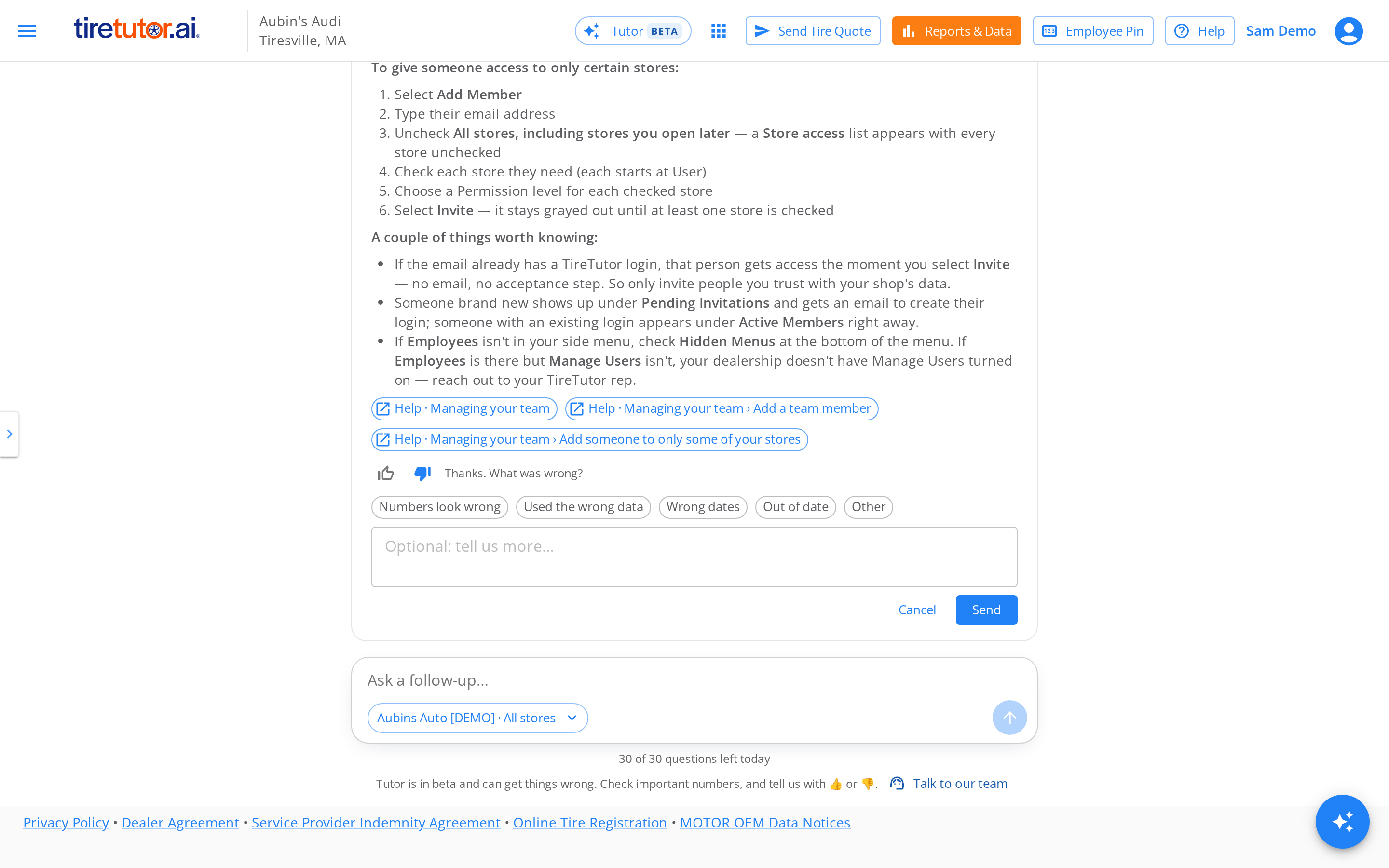 Thumbs down selected under an answer. Tutor asks What was wrong, with the choices Numbers look wrong, Used the wrong data, Wrong dates, Out of date and Other, a note box, and Cancel and Send buttons.