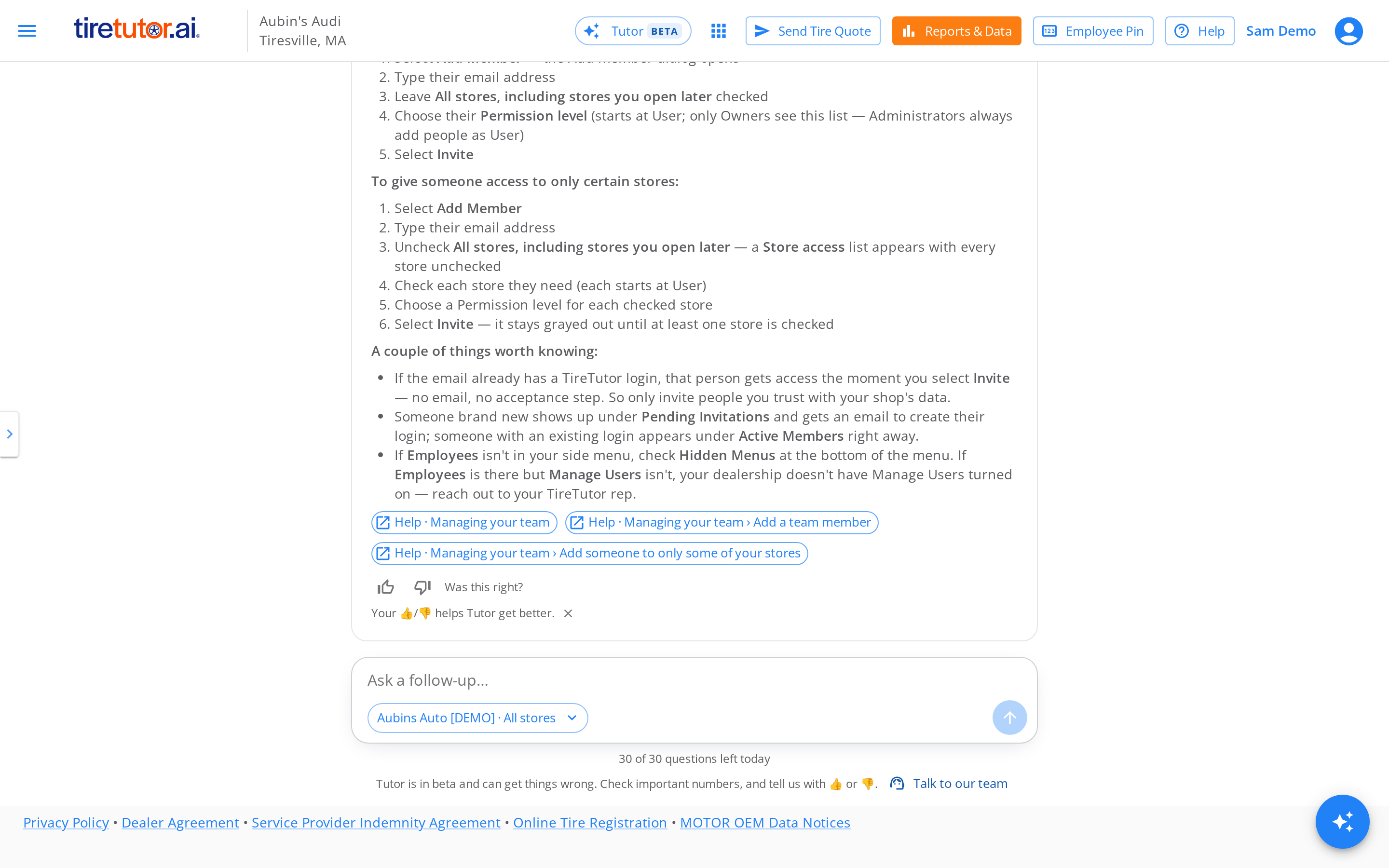 Tutor's answer to How do I add an employee. Under the steps are three Help links to Managing your team, then thumbs up and thumbs down, and the line with the questions left today under the question box.