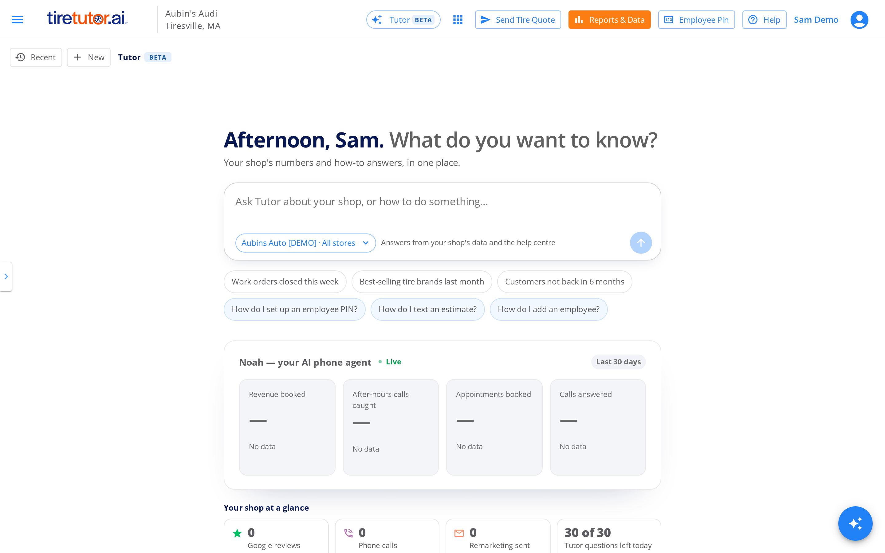 The TireTutor home page with Tutor: a greeting, the question box, starter questions about the store and how to do something, and Your shop at a glance.