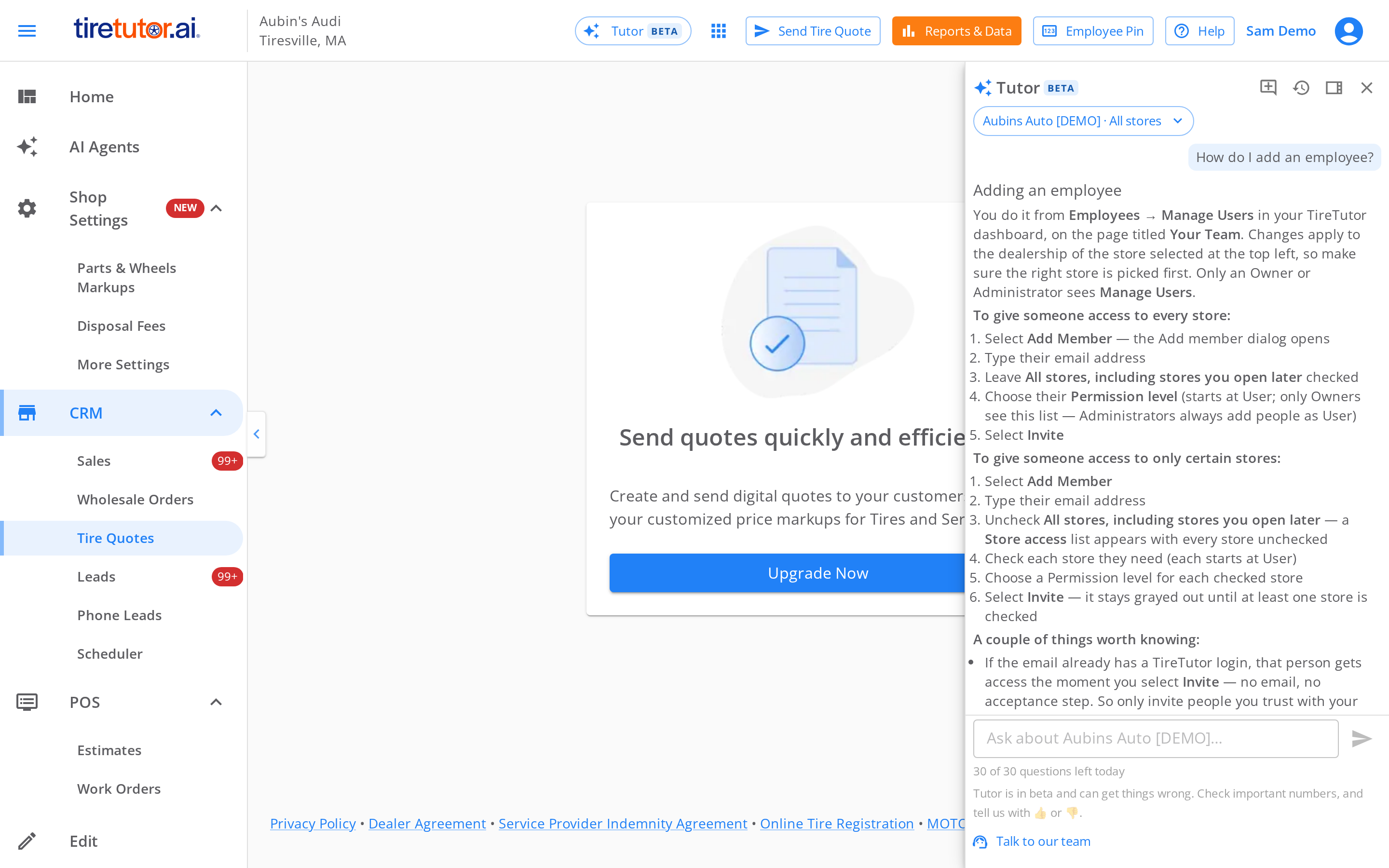 The Tire Quotes page with the Tutor panel open on the right. The panel shows a chat about adding an employee, the question box, and Talk to our team.