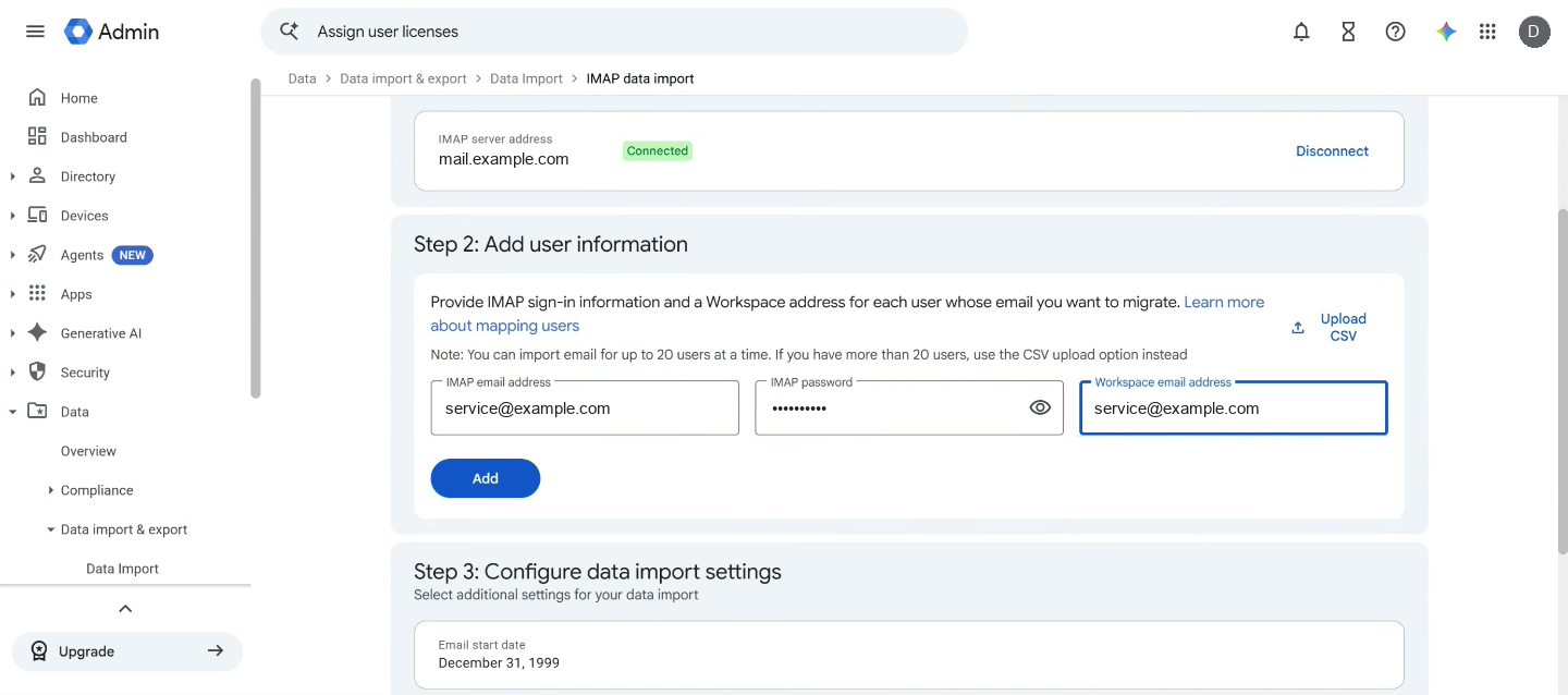 Step 2 of Import data from IMAP. The server reads Connected. One mailbox has its IMAP email address, IMAP password and Workspace email address, above the Add button.