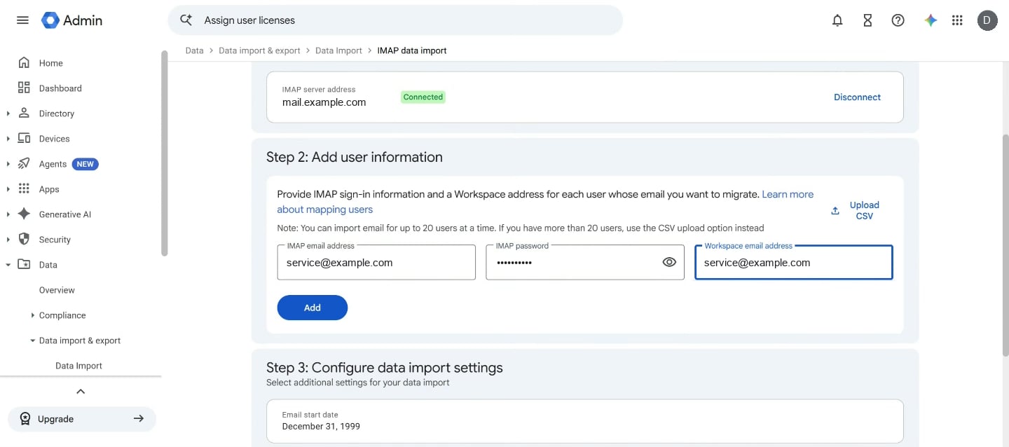 Step 2 of Import data from IMAP. The server reads Connected. One mailbox has its IMAP email address, IMAP password and Workspace email address, above the Add button.