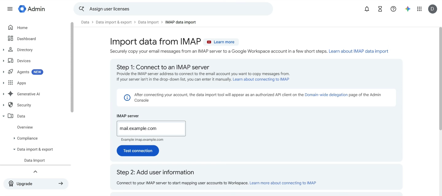 The Google Admin page Import data from IMAP, at Step 1. The IMAP server field holds mail.example.com, and the Test connection button is below it.
