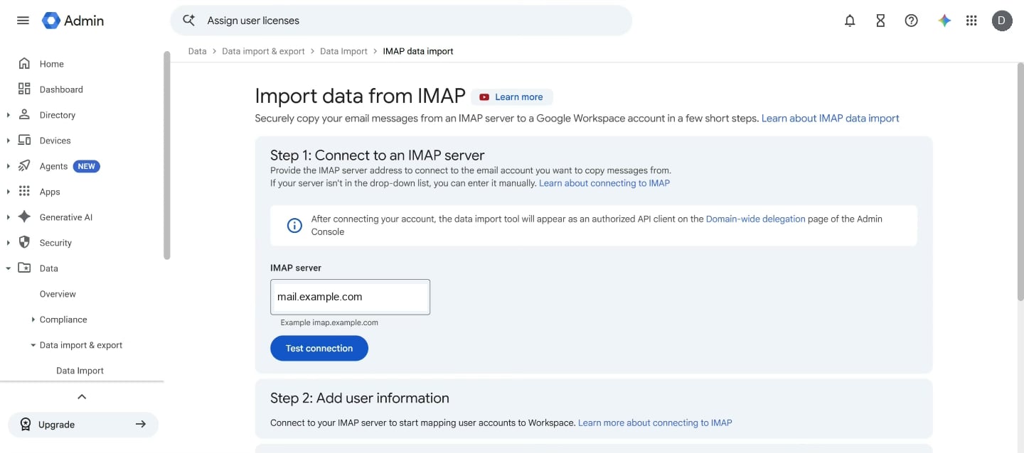 The Google Admin page Import data from IMAP, at Step 1. The IMAP server field holds mail.example.com, and the Test connection button is below it.