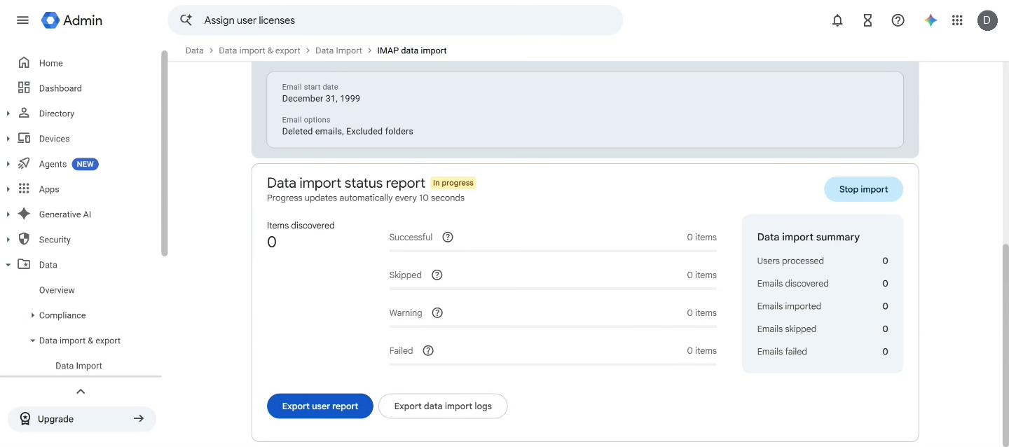 The Data import status report marked In progress, with Successful, Skipped, Warning and Failed counts, a Data import summary, and the Stop import button.