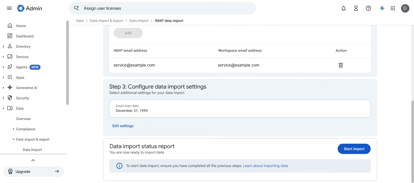 The list of added mailboxes holds one example address. Below are Step 3 with the email start date, and the status report with Start import.