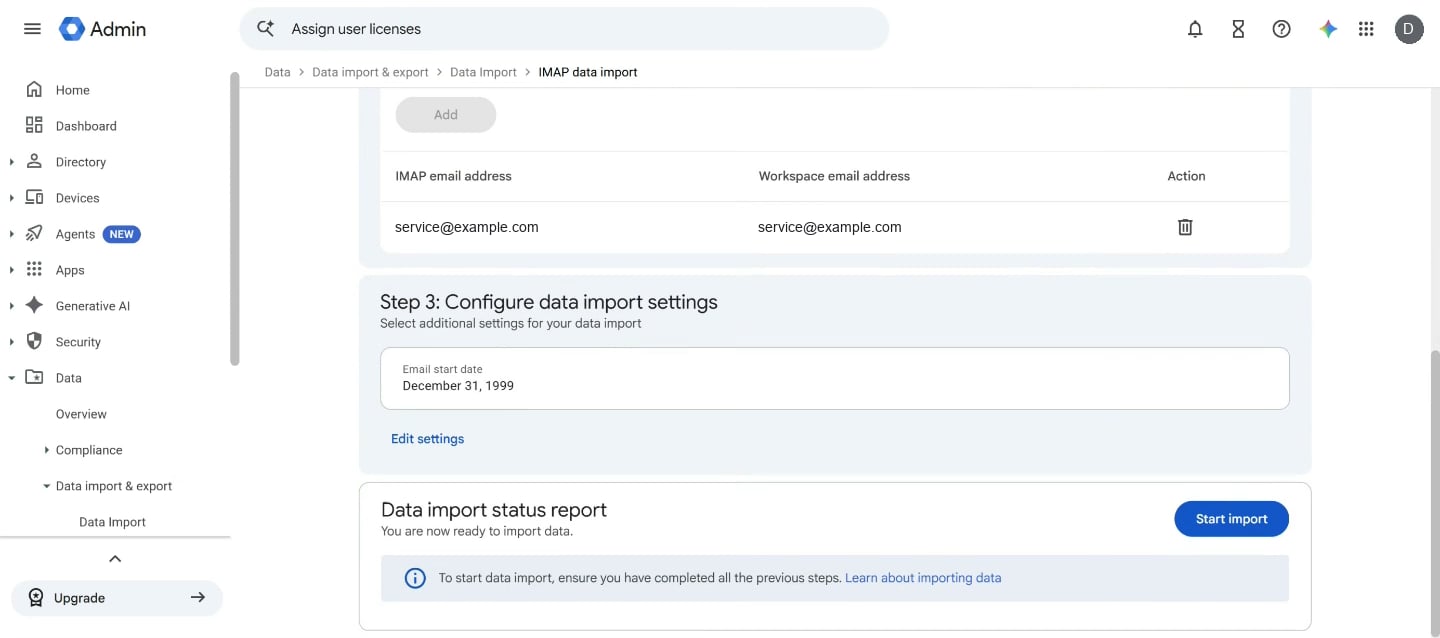 The list of added mailboxes holds one example address. Below are Step 3 with the email start date, and the status report with Start import.