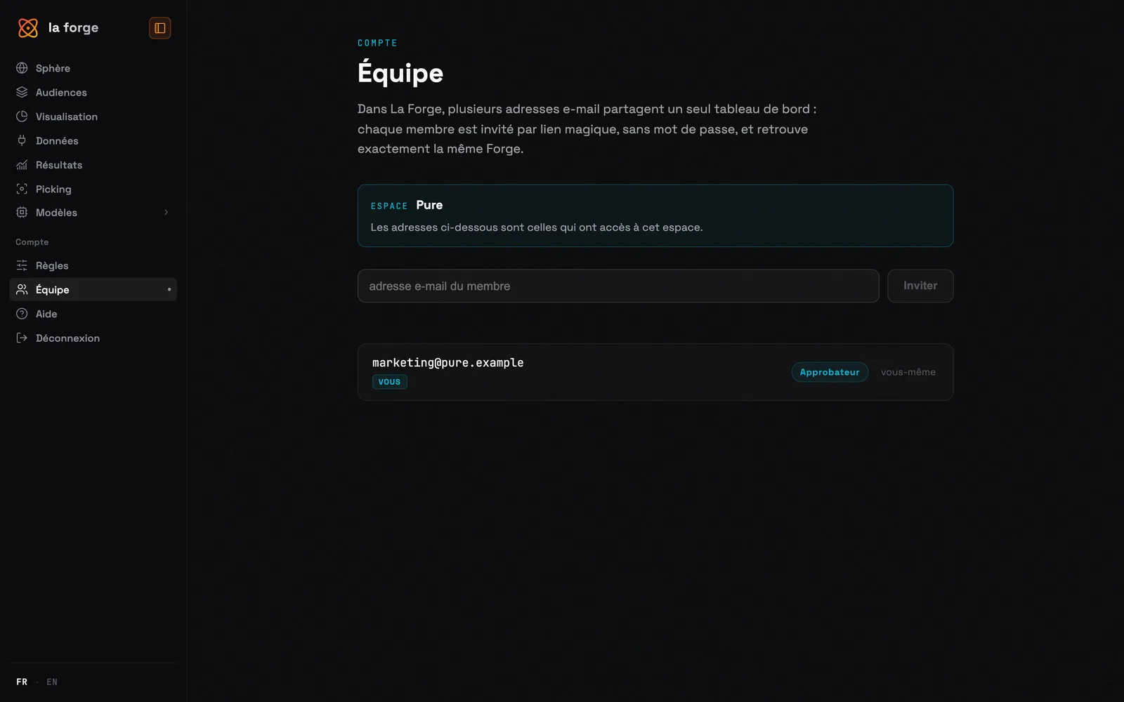 L'écran Équipe de La Forge : l'espace, le champ d'invitation et un membre